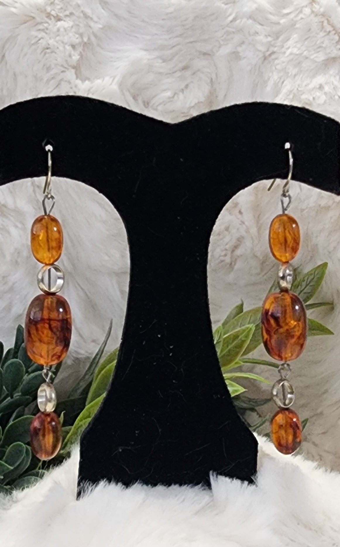 Amber Marbled Beads and Silver-Colored Accented Earrings
