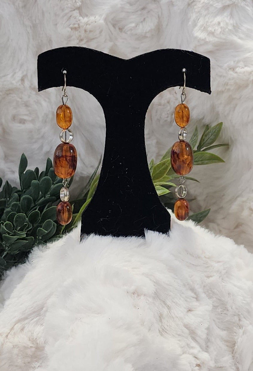 Amber Marbled Beads and Silver-Colored Accented Earrings