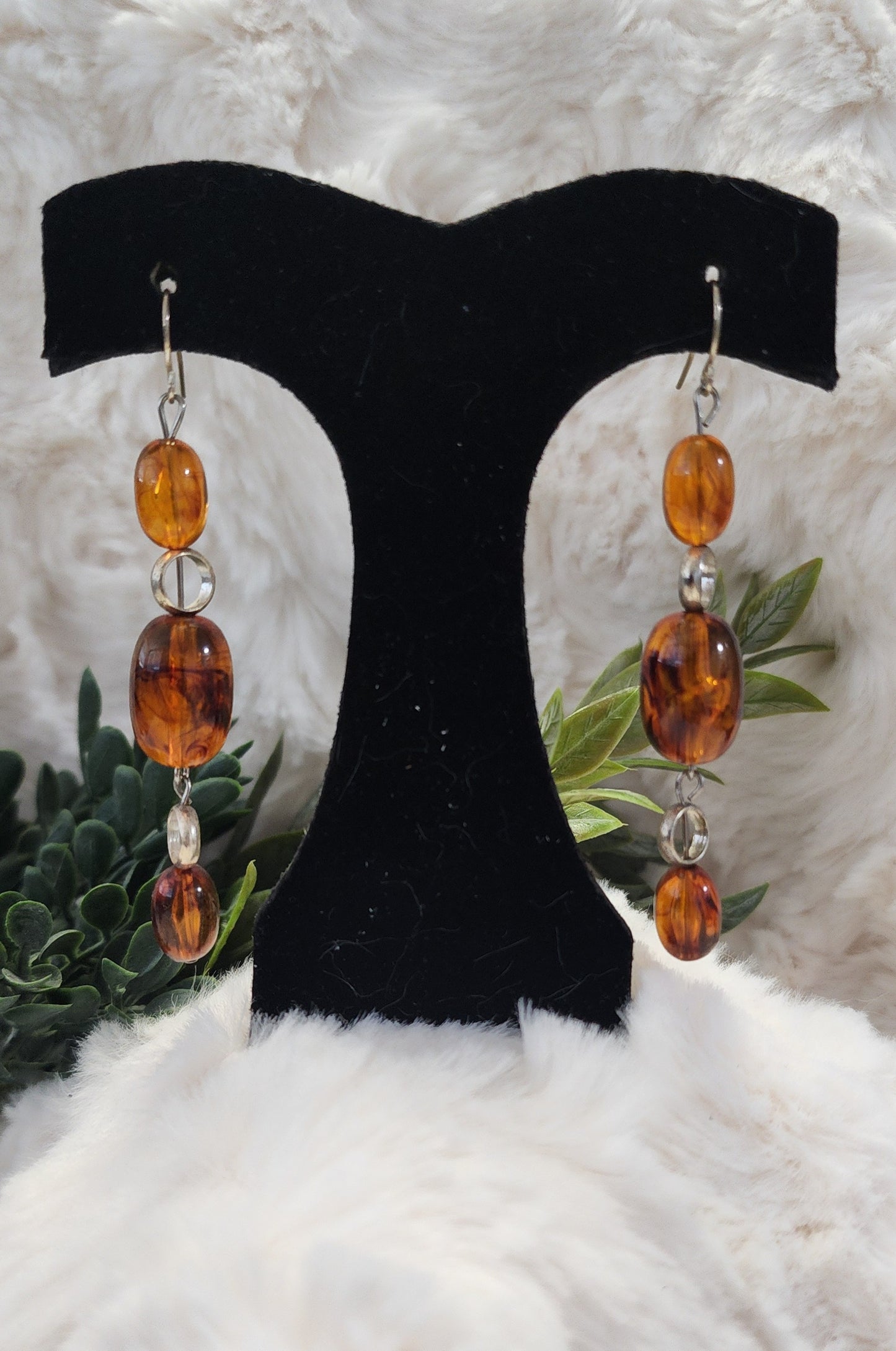 Amber Marbled Beads and Silver-Colored Accented Earrings