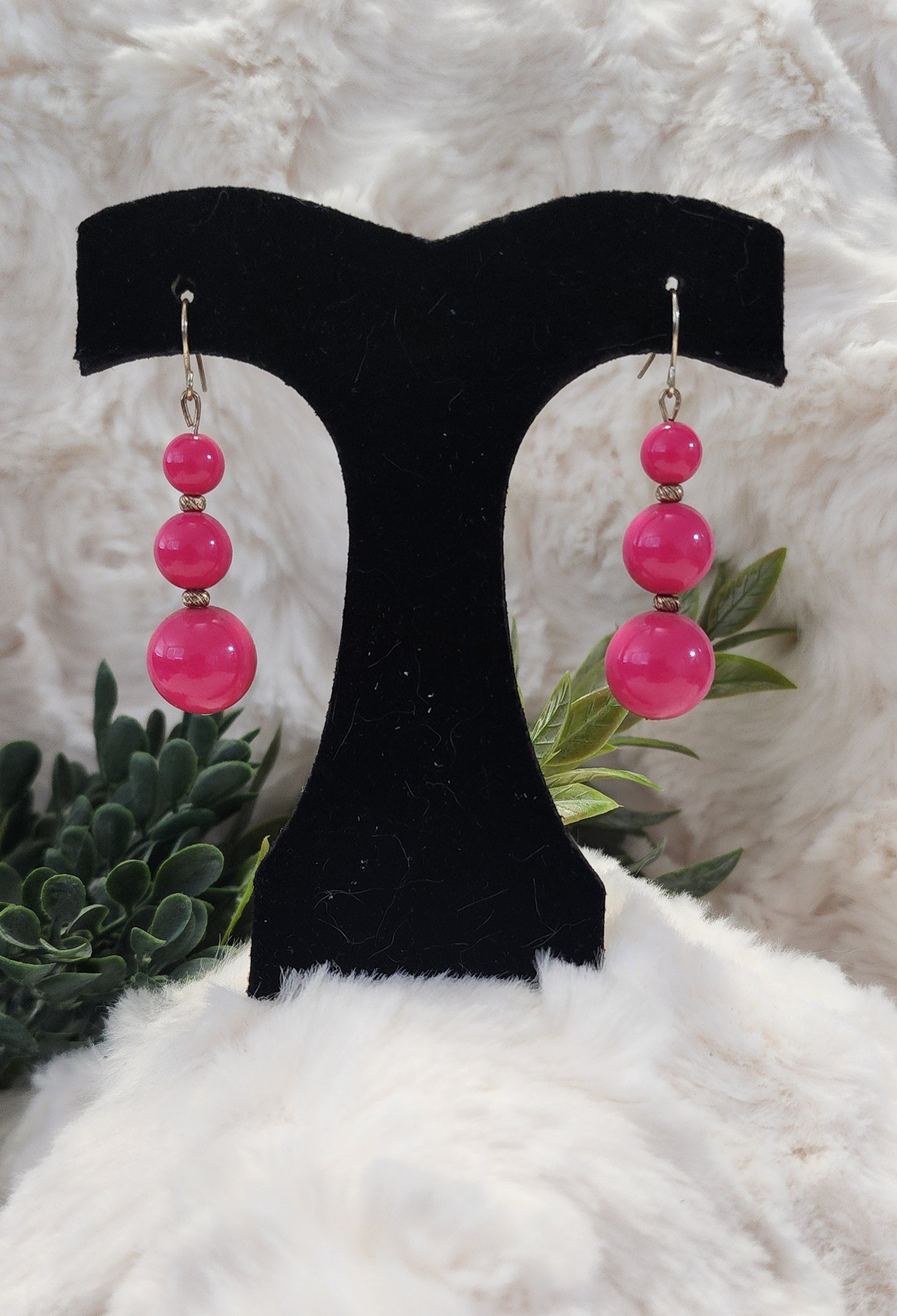 Hot Pink and Silver Colored Beaded Drop Earrings
