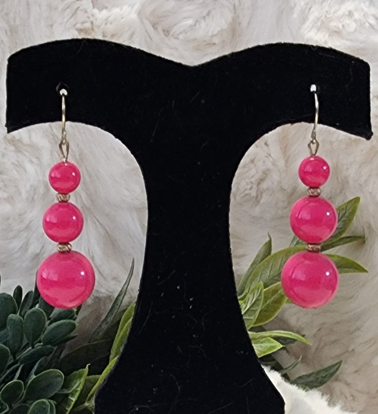 Hot Pink and Silver Colored Beaded Drop Earrings