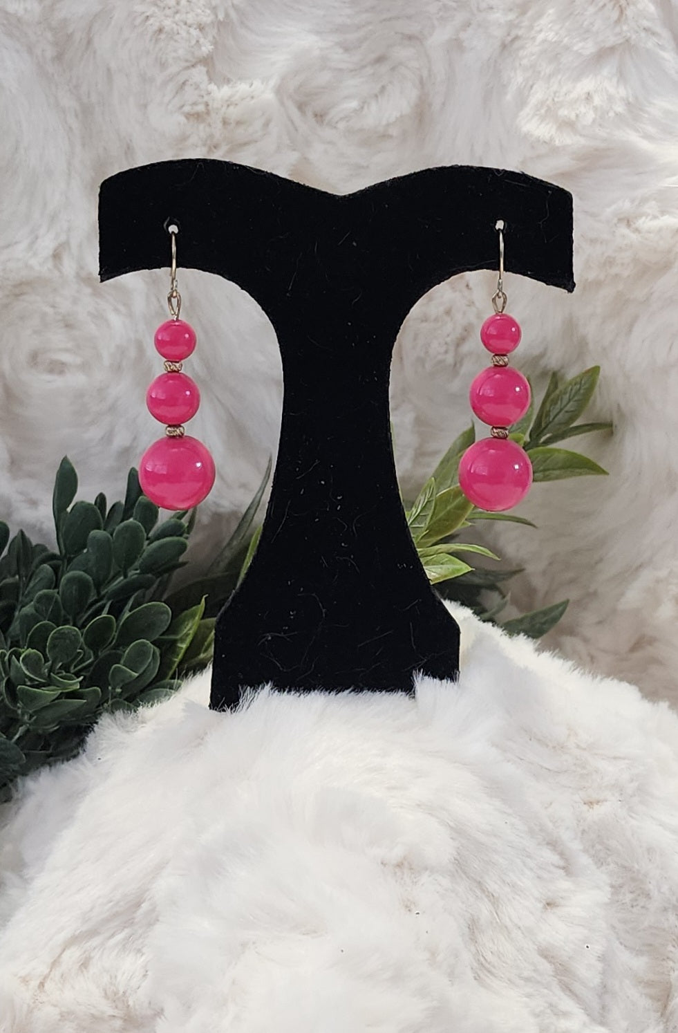 Hot Pink and Silver Colored Beaded Drop Earrings