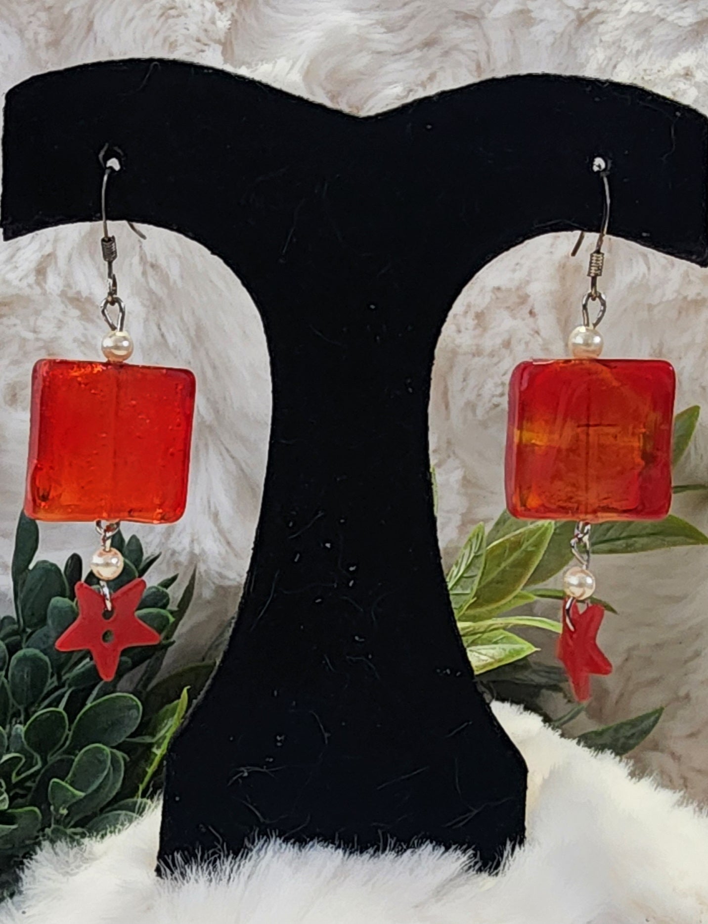 Vintage Red and Orange Glass Square Bead with Pearl Earings