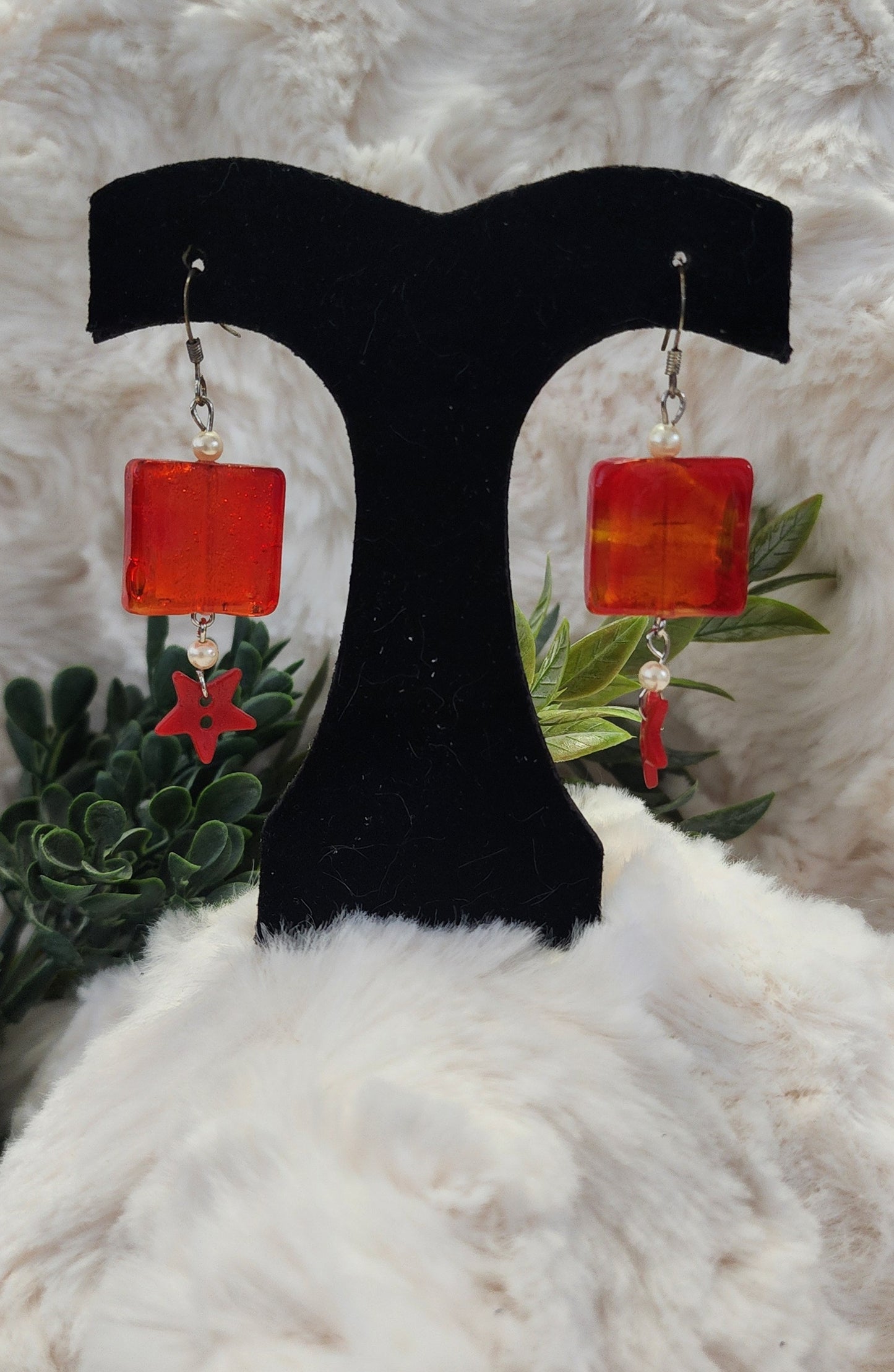 Vintage Red and Orange Glass Square Bead with Pearl Earings