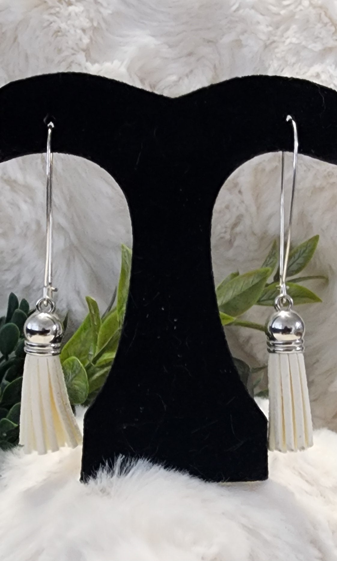 Cream and Silver Leather Tassel Earrings