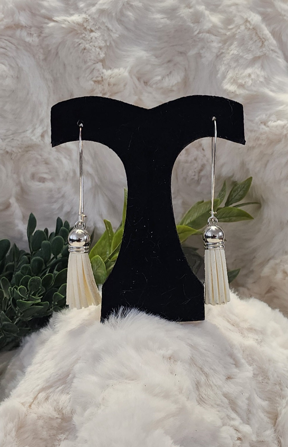 Cream and Silver Leather Tassel Earrings