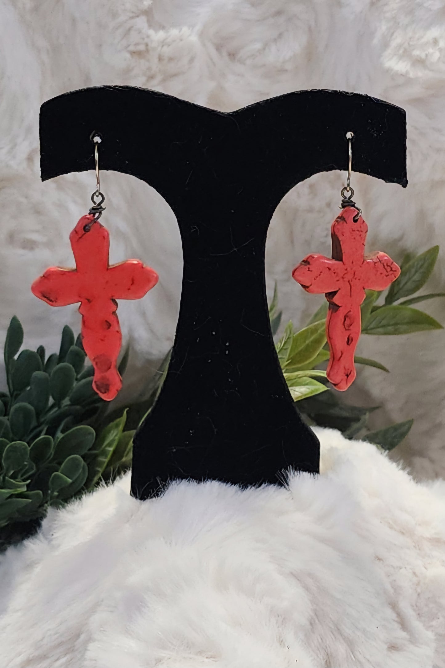 Rustic Coral Colored Cross Earrings