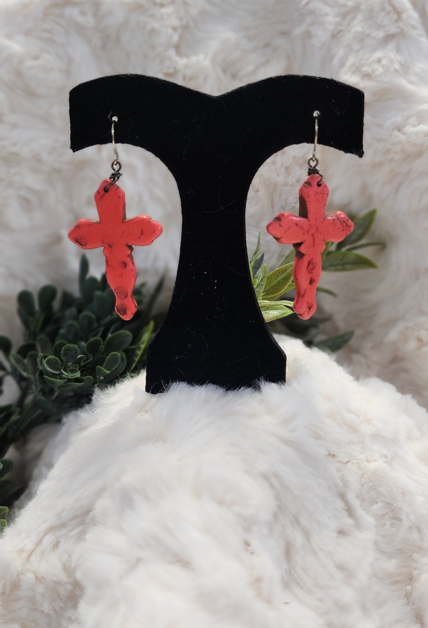 Rustic Coral Colored Cross Earrings