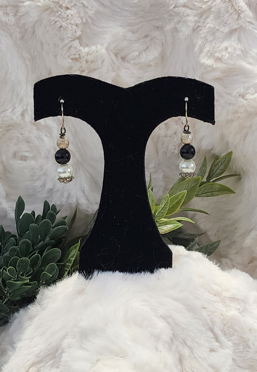 Black, White and Silver Beaded Earrings