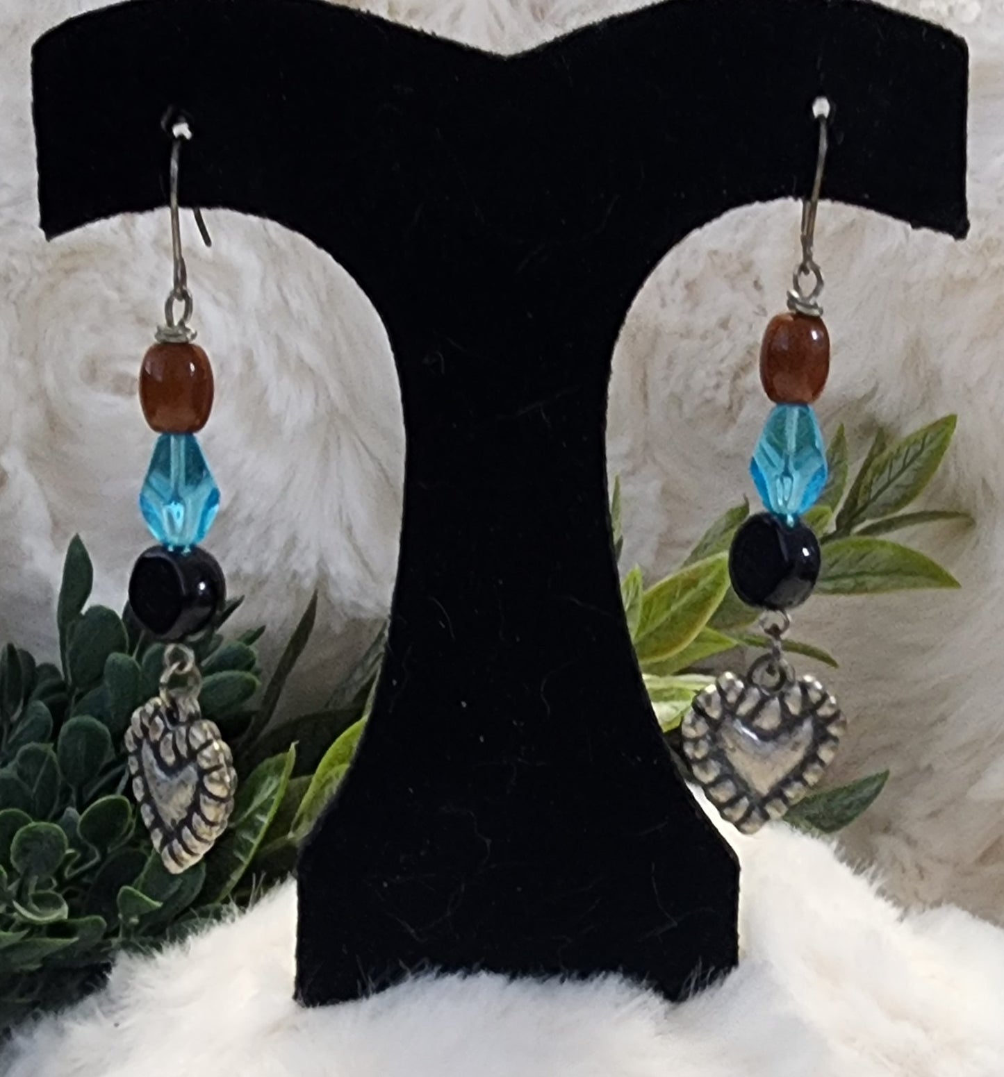 Brown, Blue, Black and Silver Heart Earrings