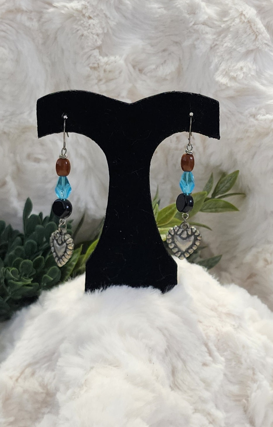 Brown, Blue, Black and Silver Heart Earrings
