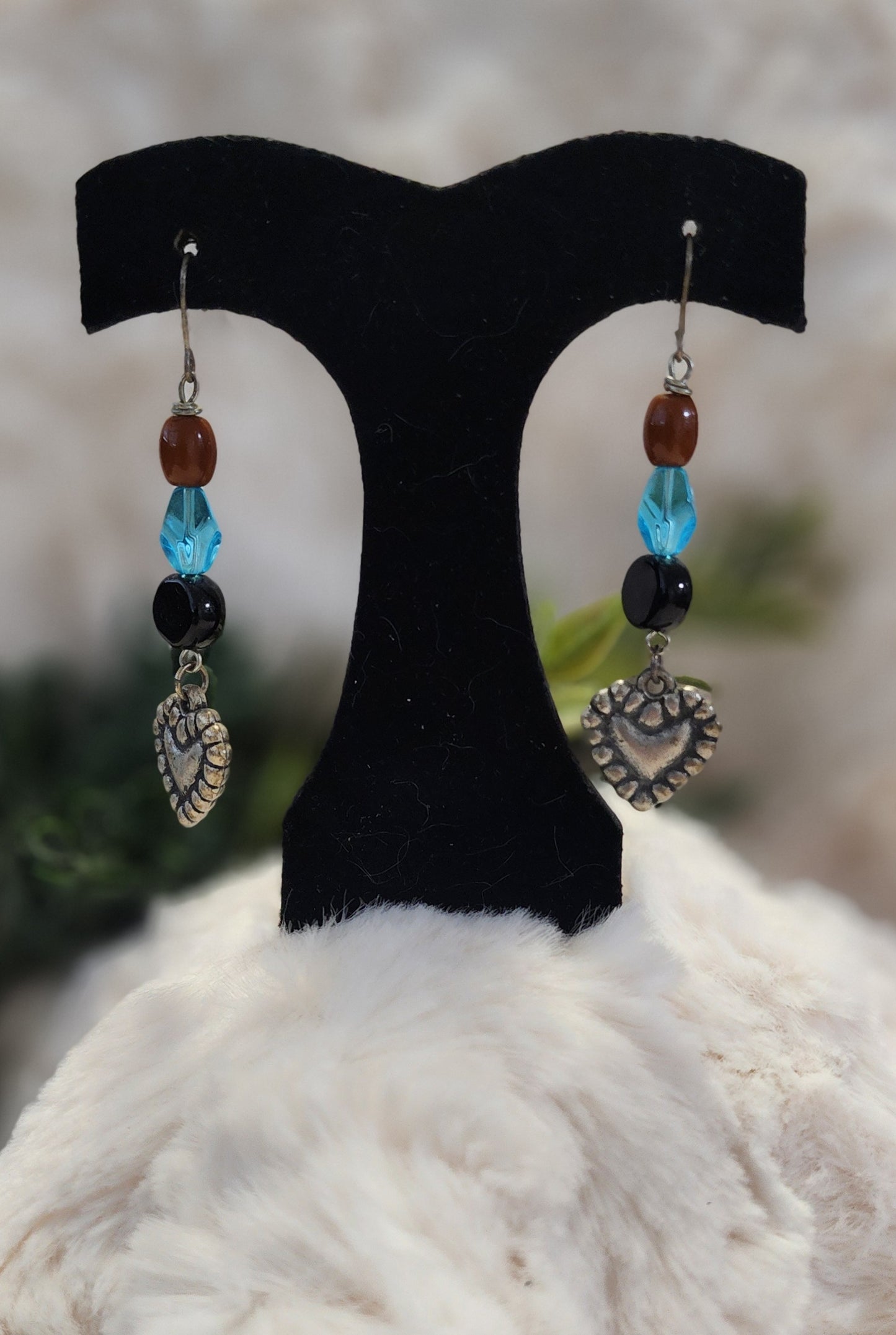 Brown, Blue, Black and Silver Heart Earrings