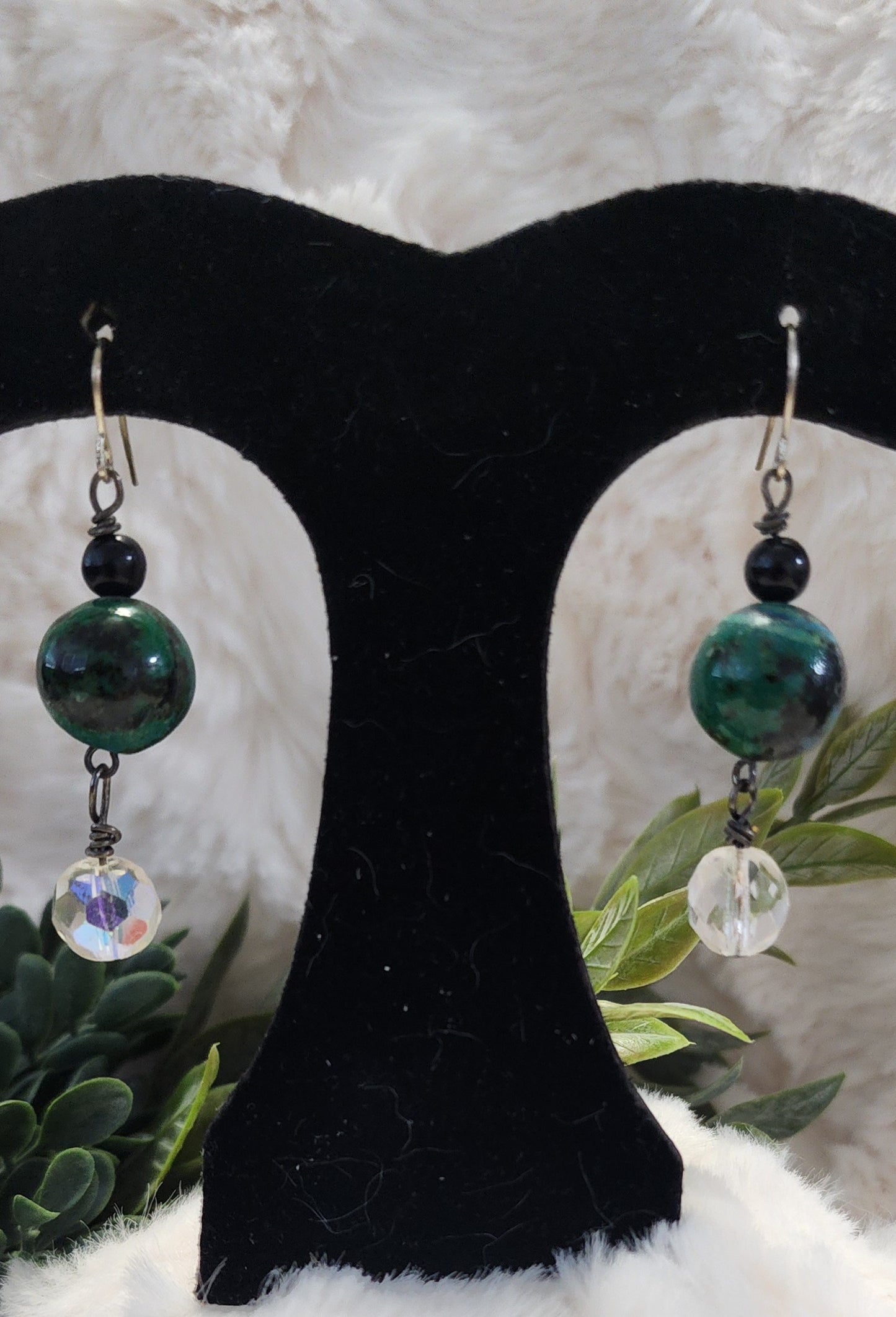 Green and Black Marbled Earrings with Black and Clear Bead Accents