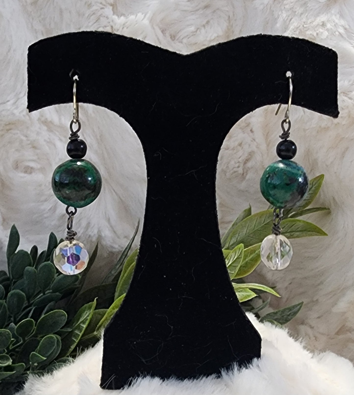 Green and Black Marbled Earrings with Black and Clear Bead Accents