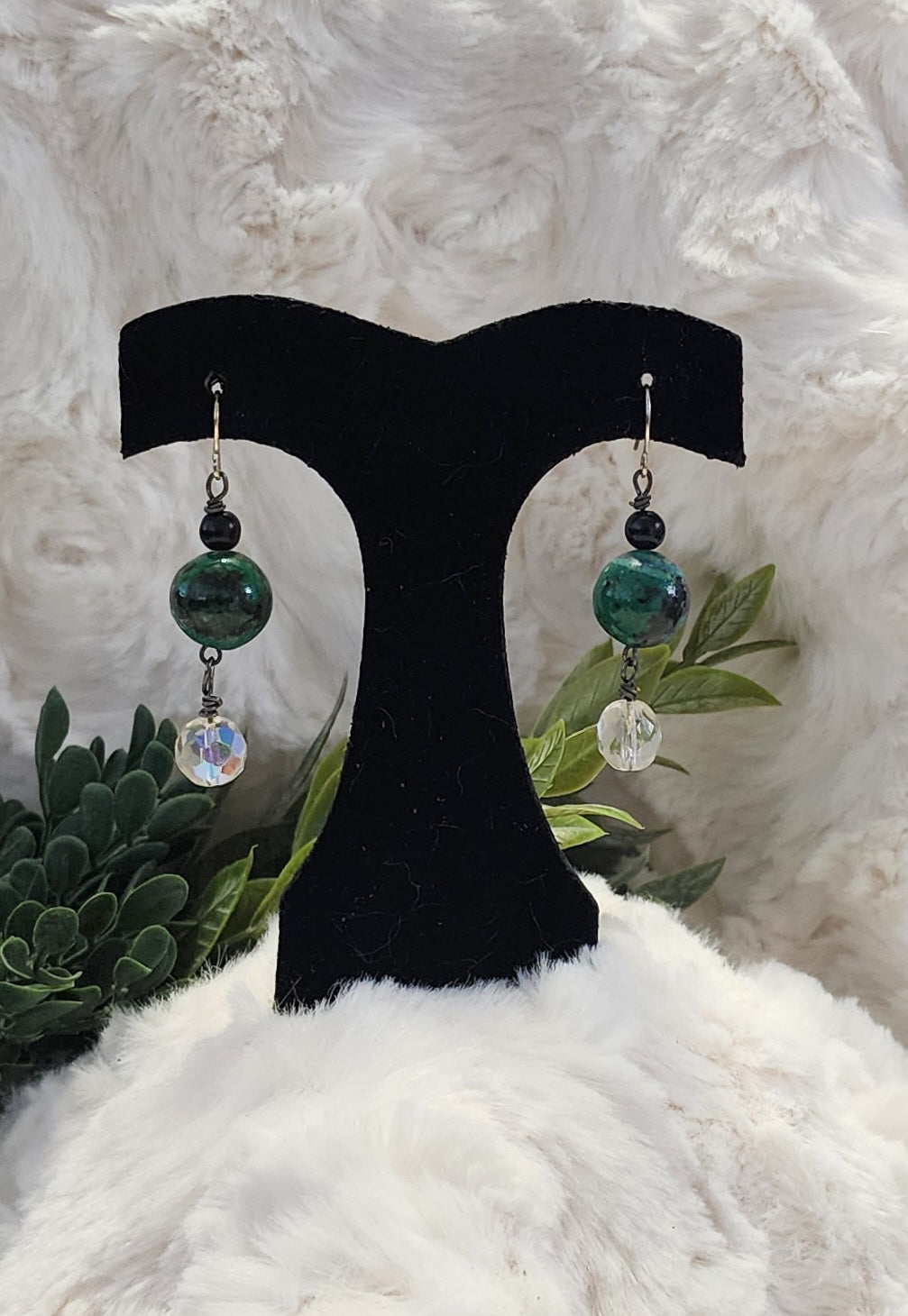 Green and Black Marbled Earrings with Black and Clear Bead Accents