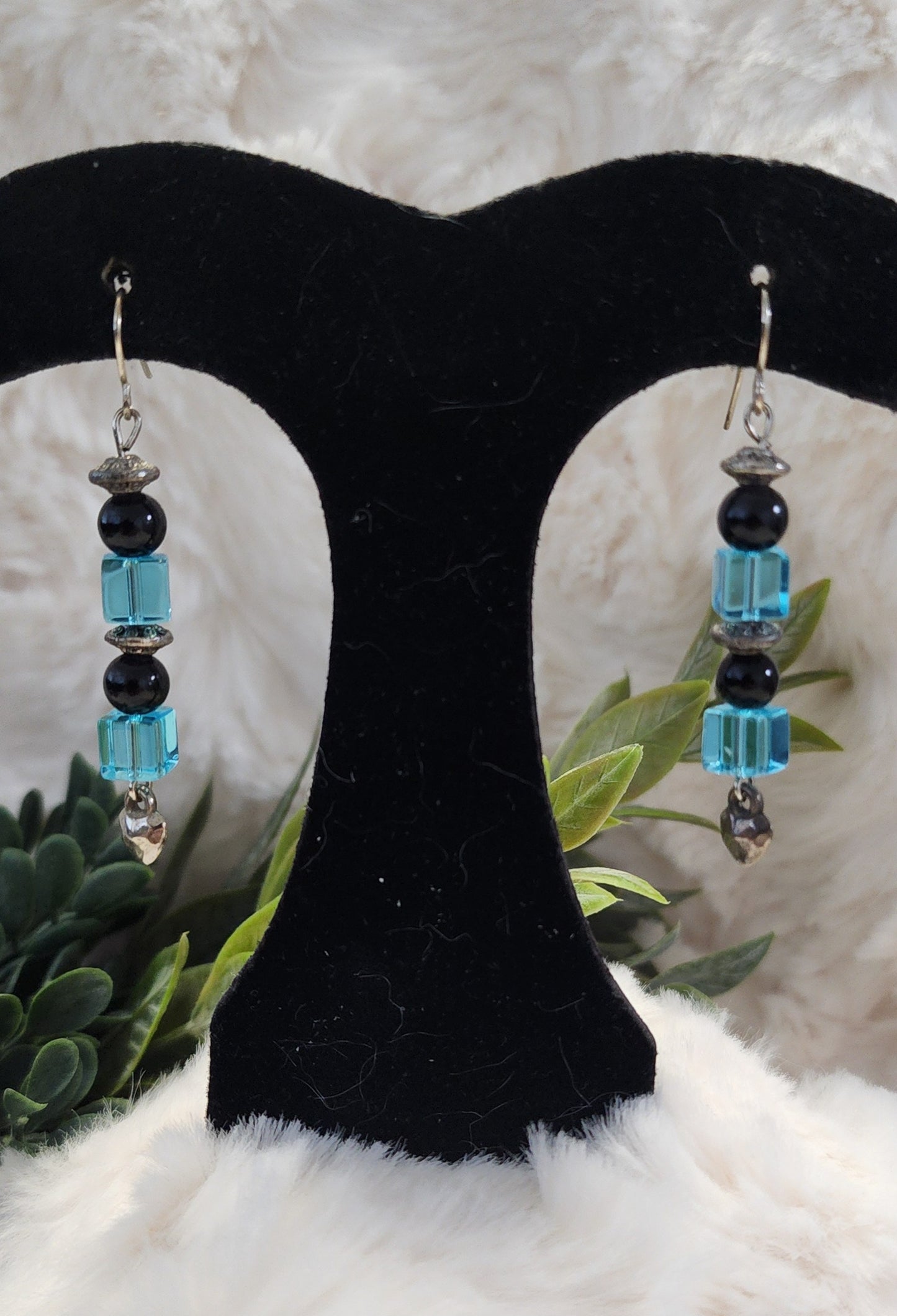Black, Blue and Silver Layered Earrings with Heart Accent
