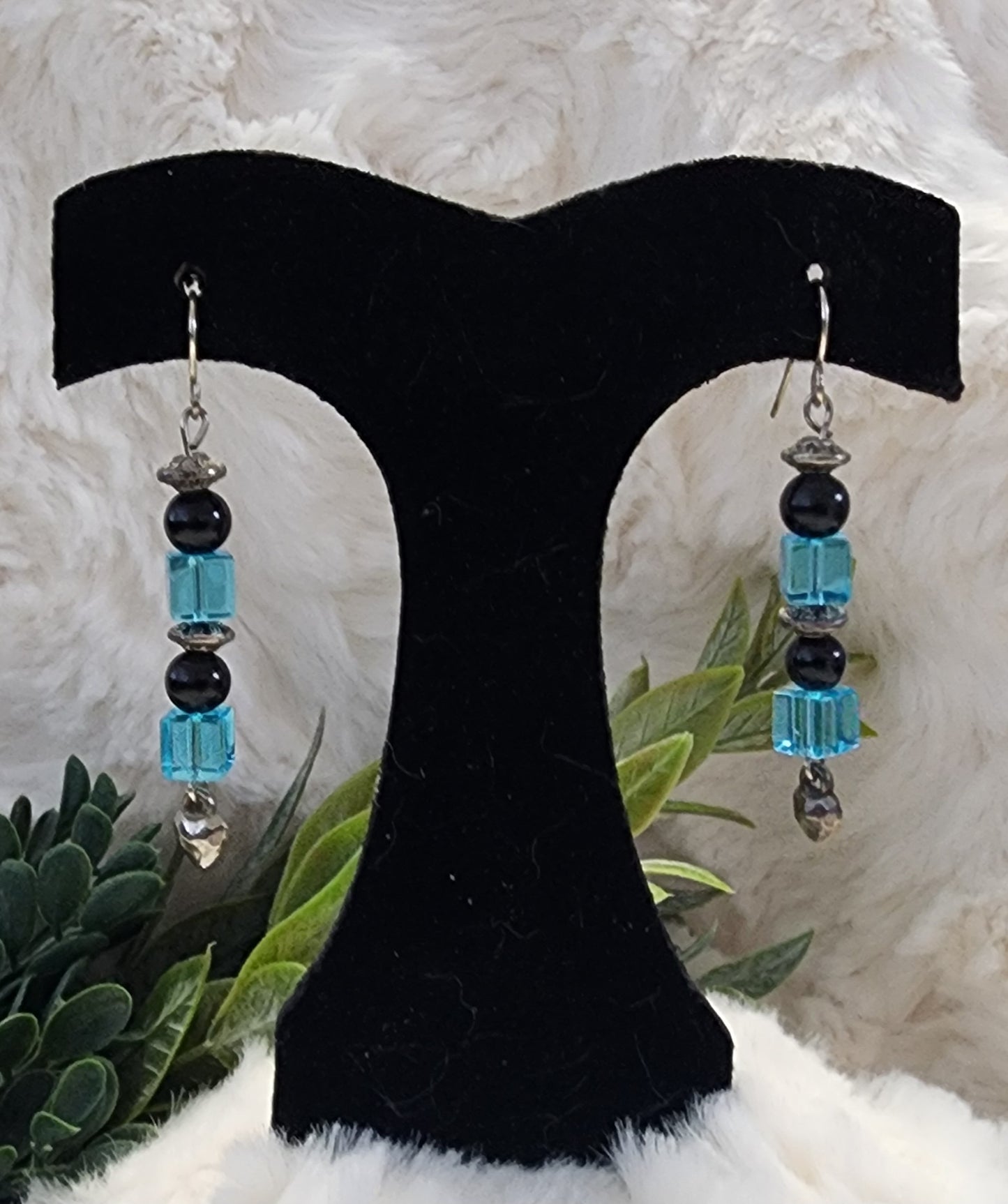 Black, Blue and Silver Layered Earrings with Heart Accent