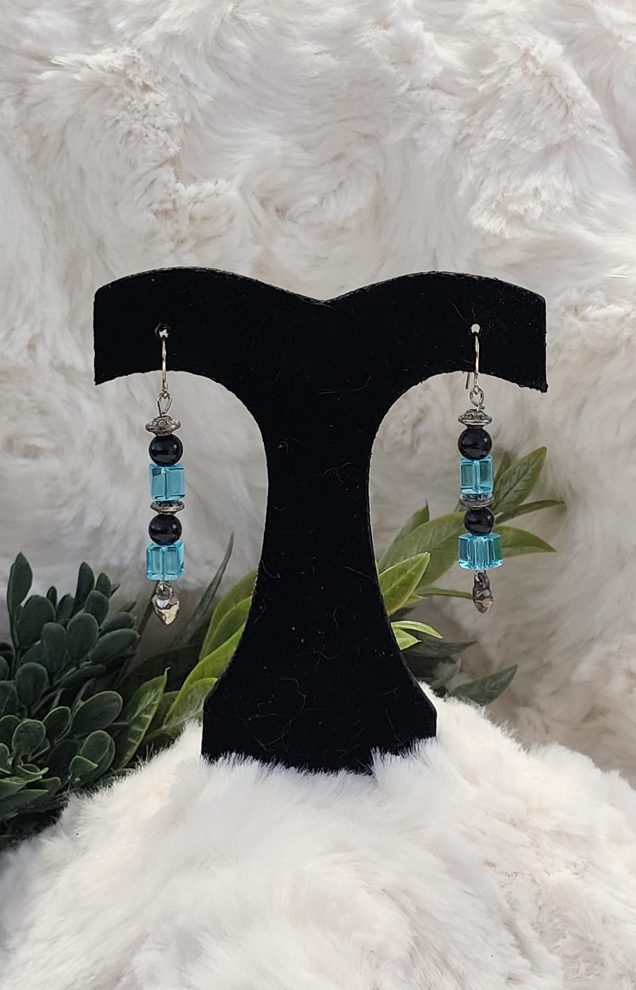 Black, Blue and Silver Layered Earrings with Heart Accent