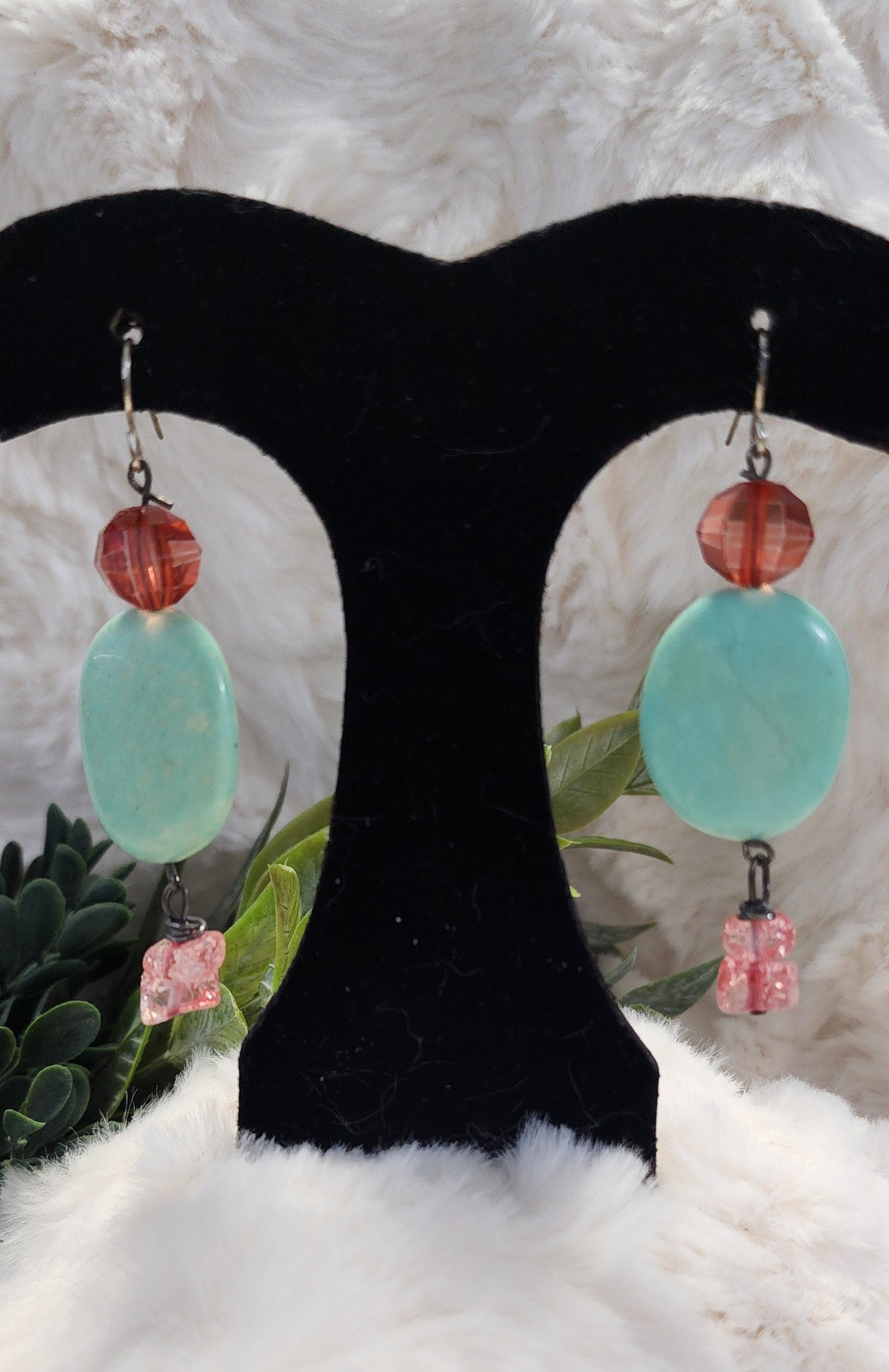 Gorgeous Sea Green Earrings with Clear Pink Beaded Embellishments