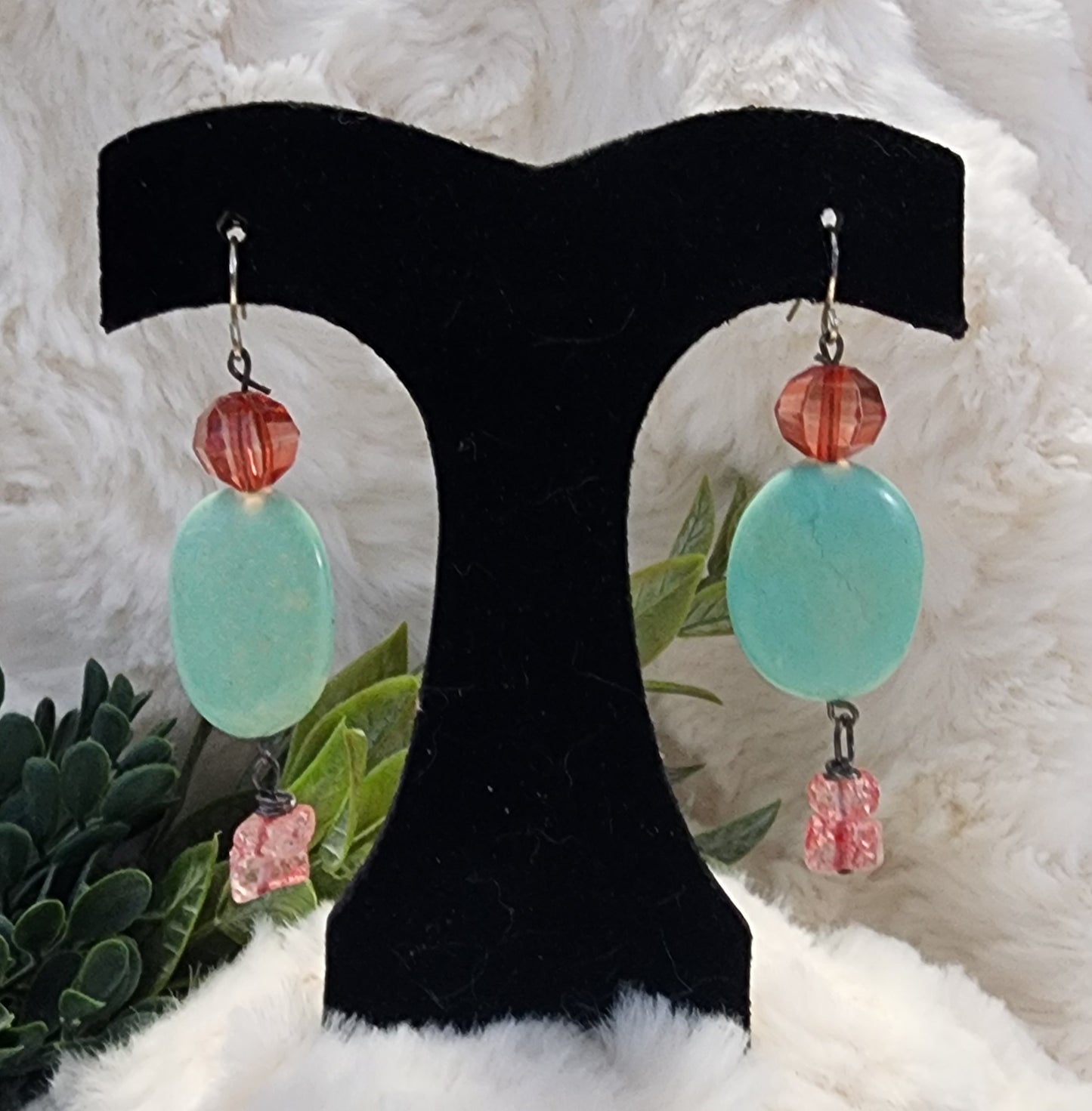 Gorgeous Sea Green Earrings with Clear Pink Beaded Embellishments