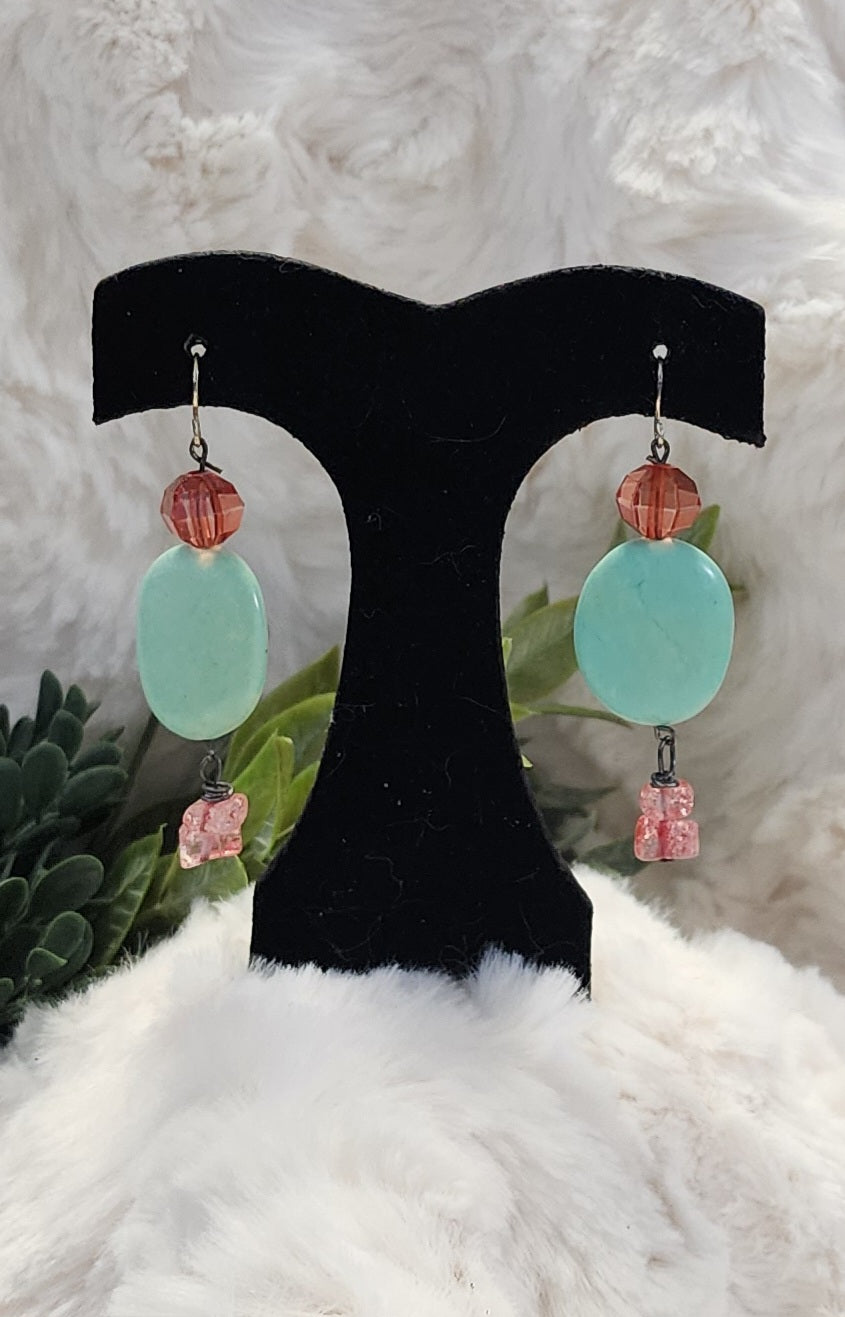 Gorgeous Sea Green Earrings with Clear Pink Beaded Embellishments
