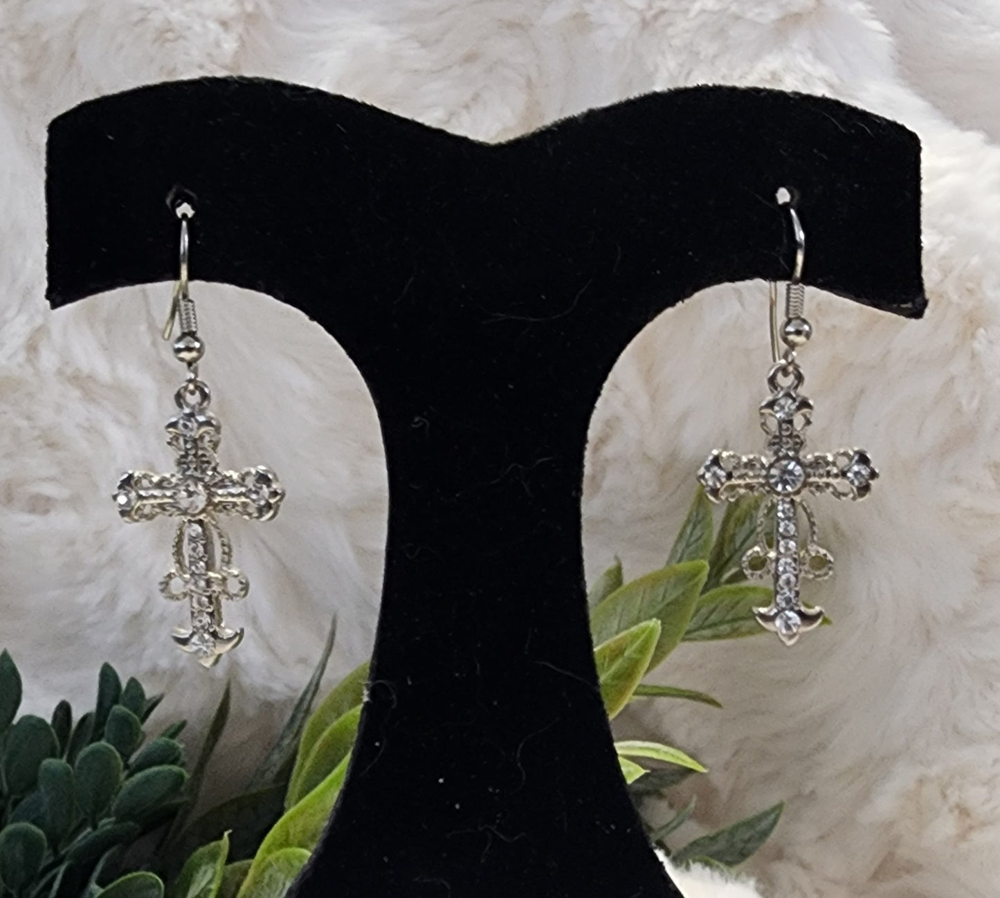 Silver-Colored with Rhinestone Accent Cross Earrings