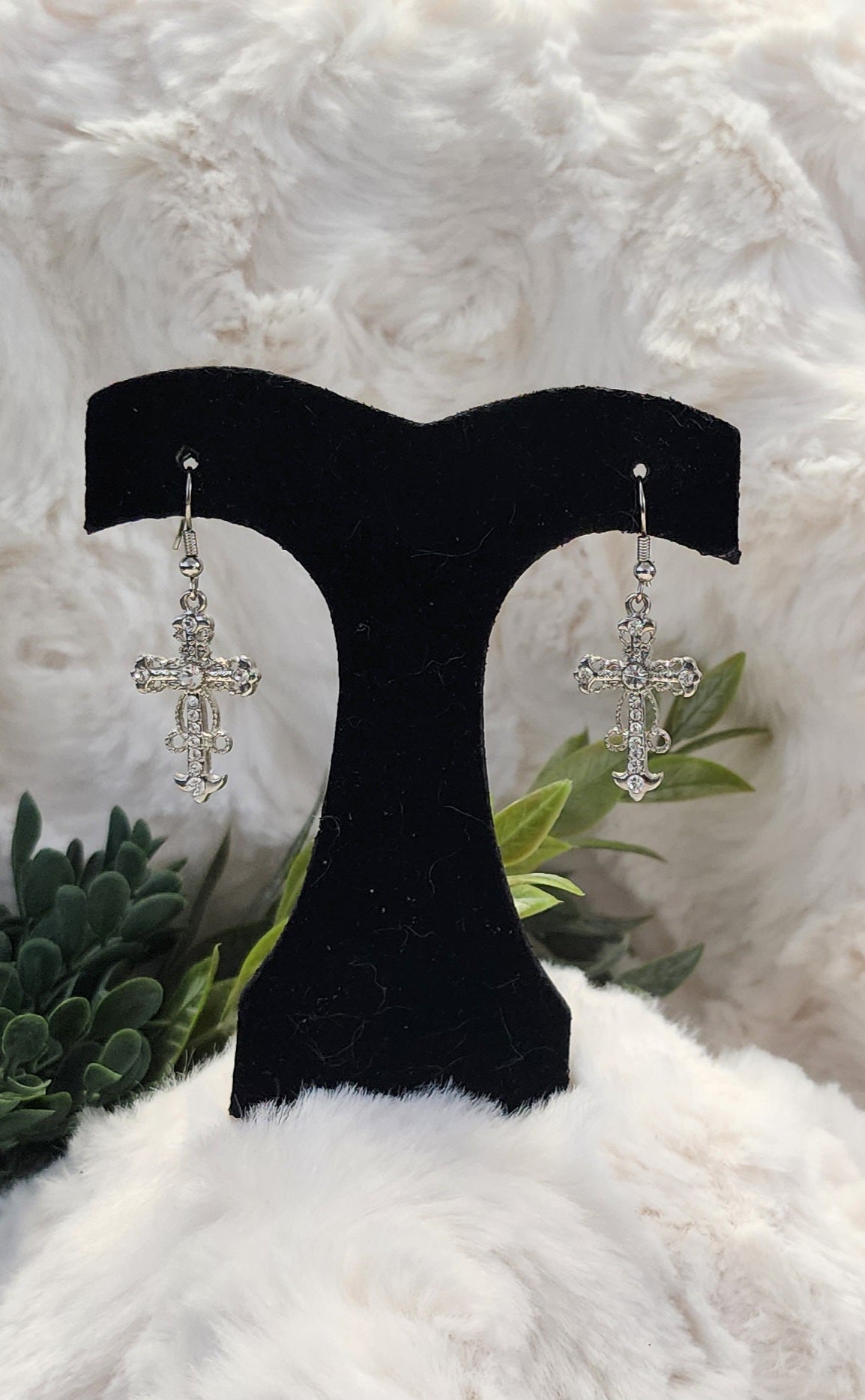 Silver-Colored with Rhinestone Accent Cross Earrings
