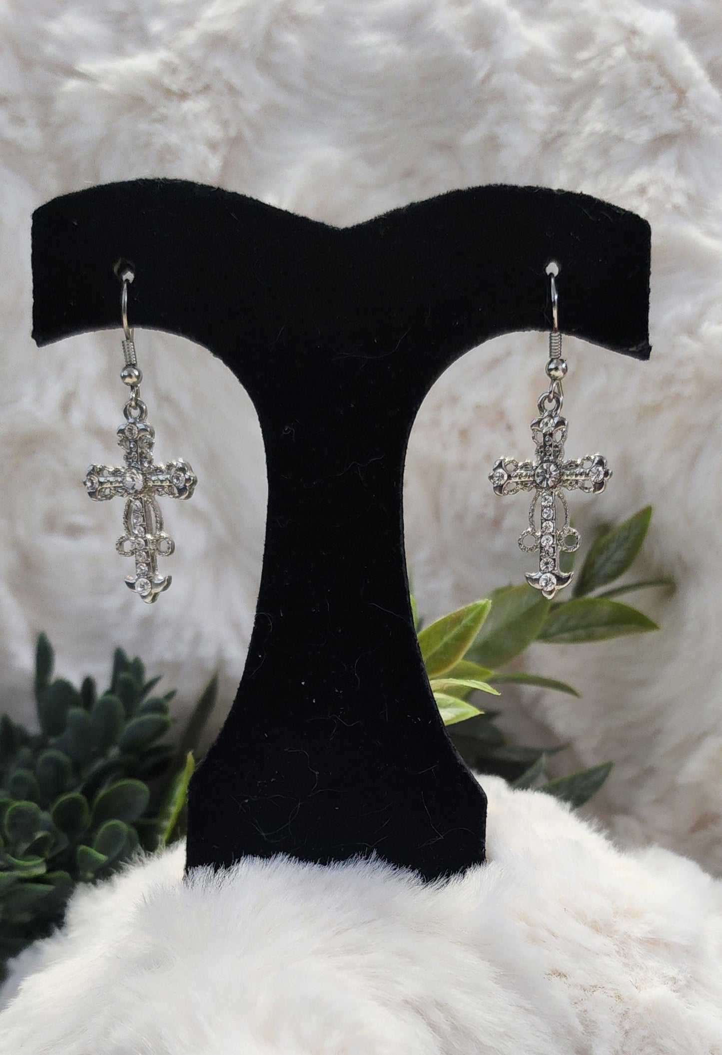 Silver-Colored with Rhinestone Accent Cross Earrings