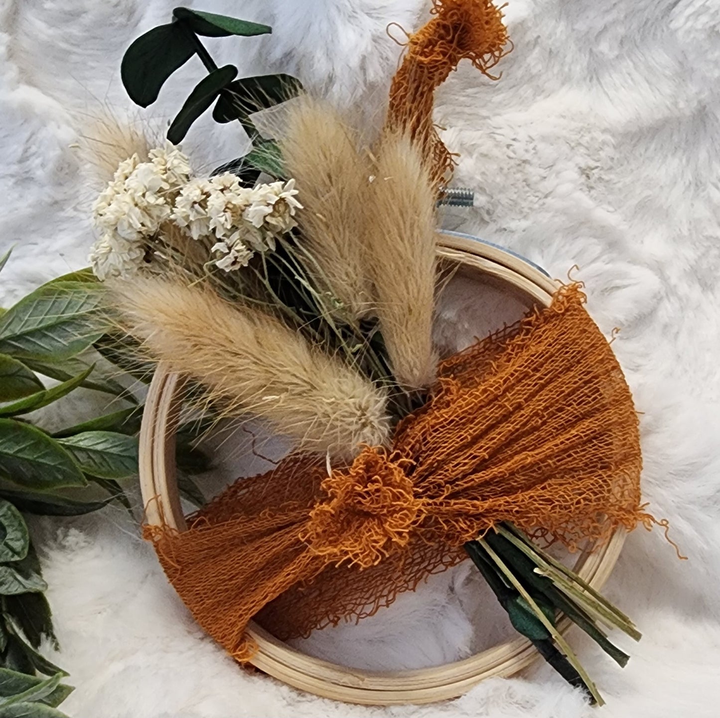 Rust Orange Lace Adorned Embroidery Hoop Hanging Decor with Wheat and Eucalyptus Accents
