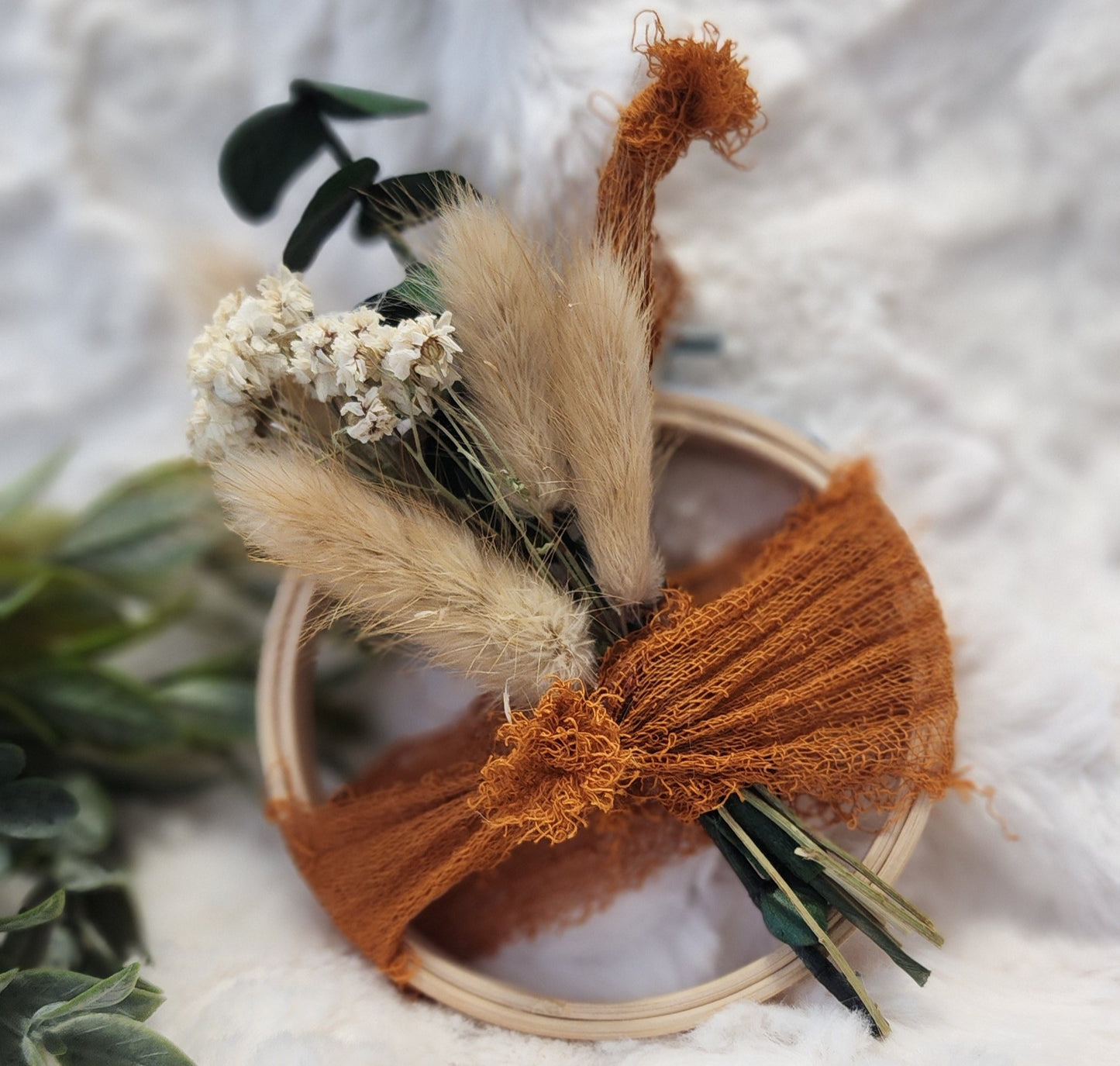 Rust Orange Lace Adorned Embroidery Hoop Hanging Decor with Wheat and Eucalyptus Accents