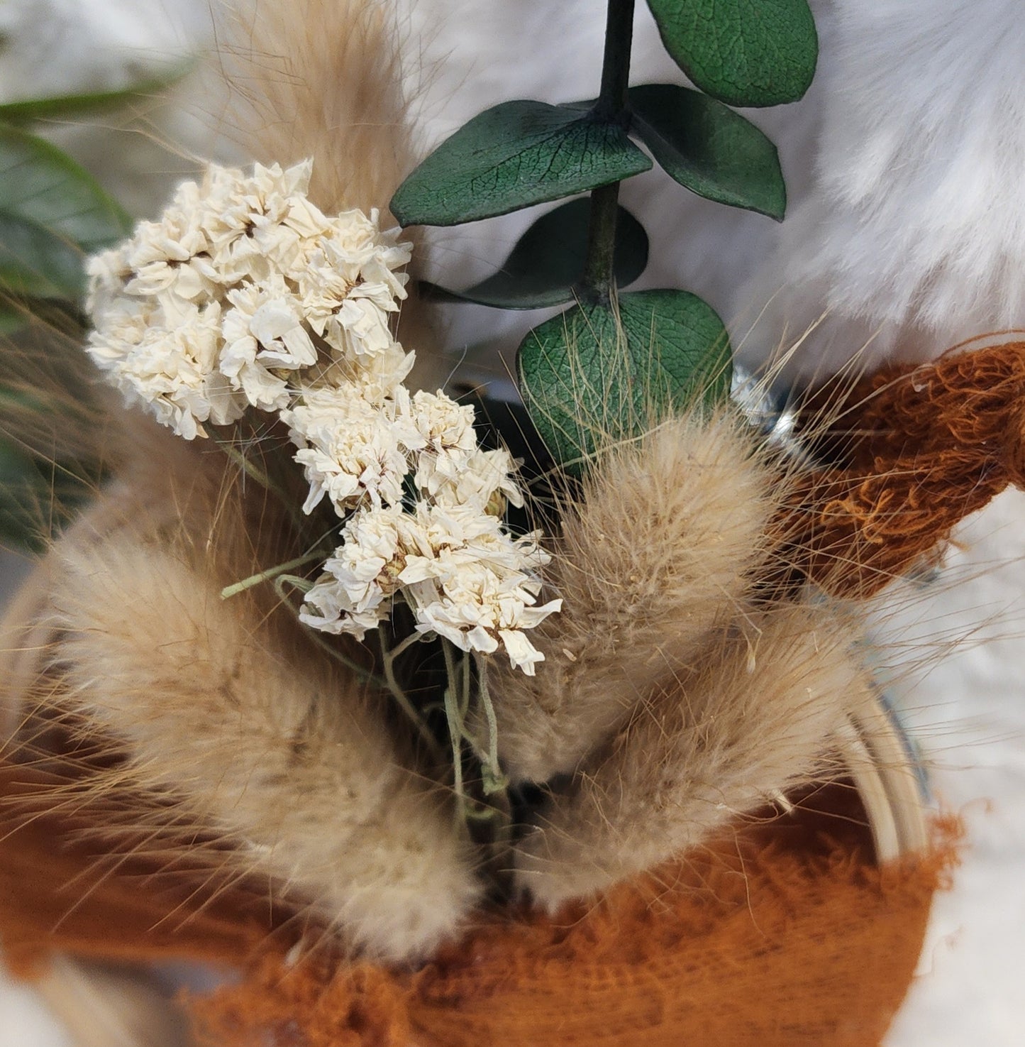 Rust Orange Lace Adorned Embroidery Hoop Hanging Decor with Wheat and Eucalyptus Accents