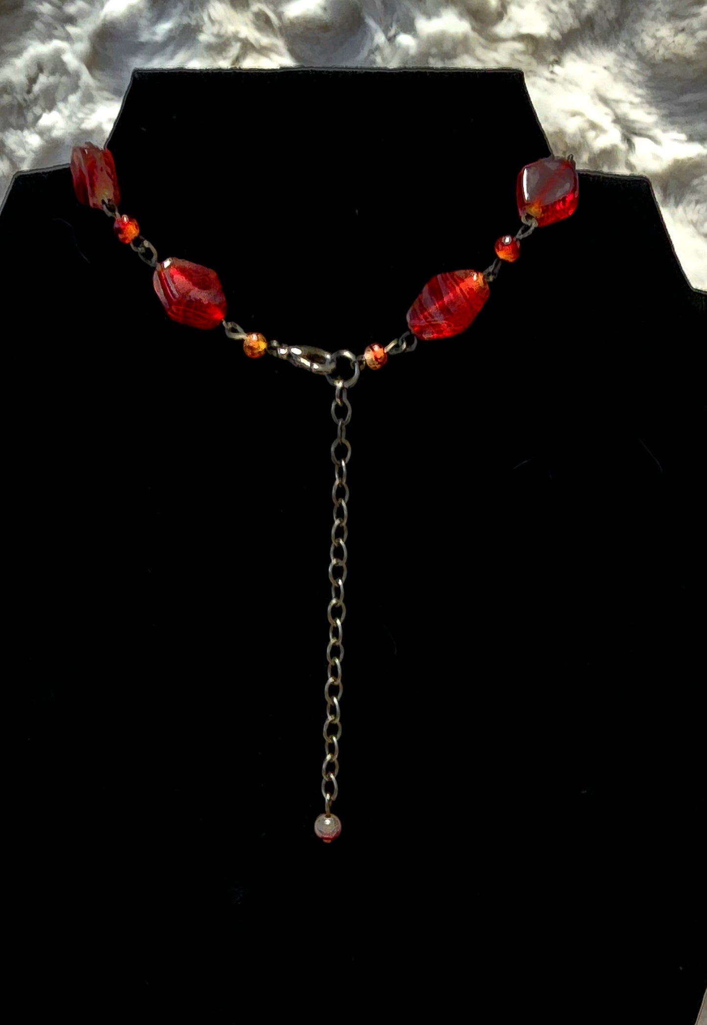 Vintage Red Beaded Y Necklace and Earring Set