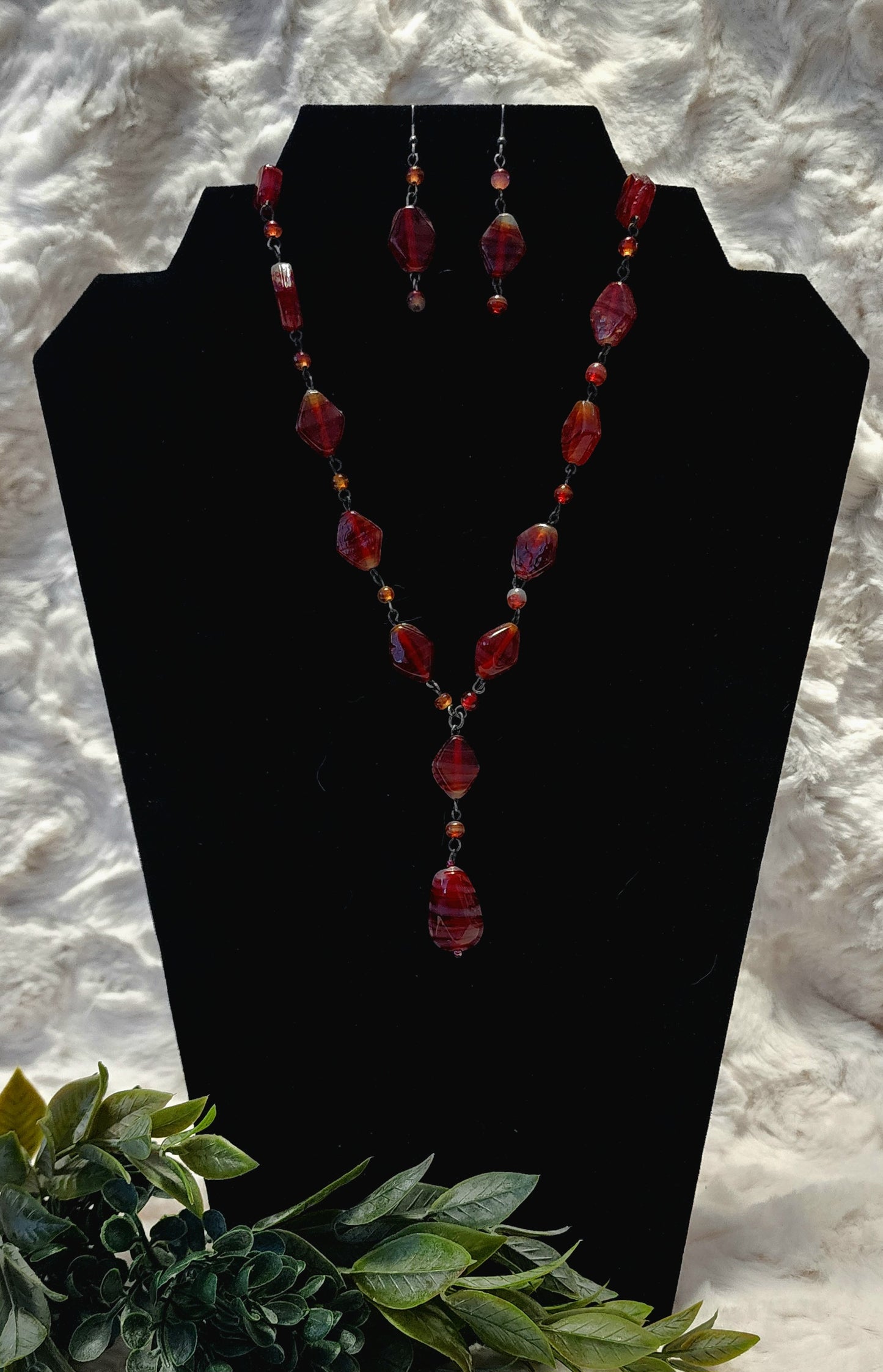Vintage Red Beaded Y Necklace and Earring Set