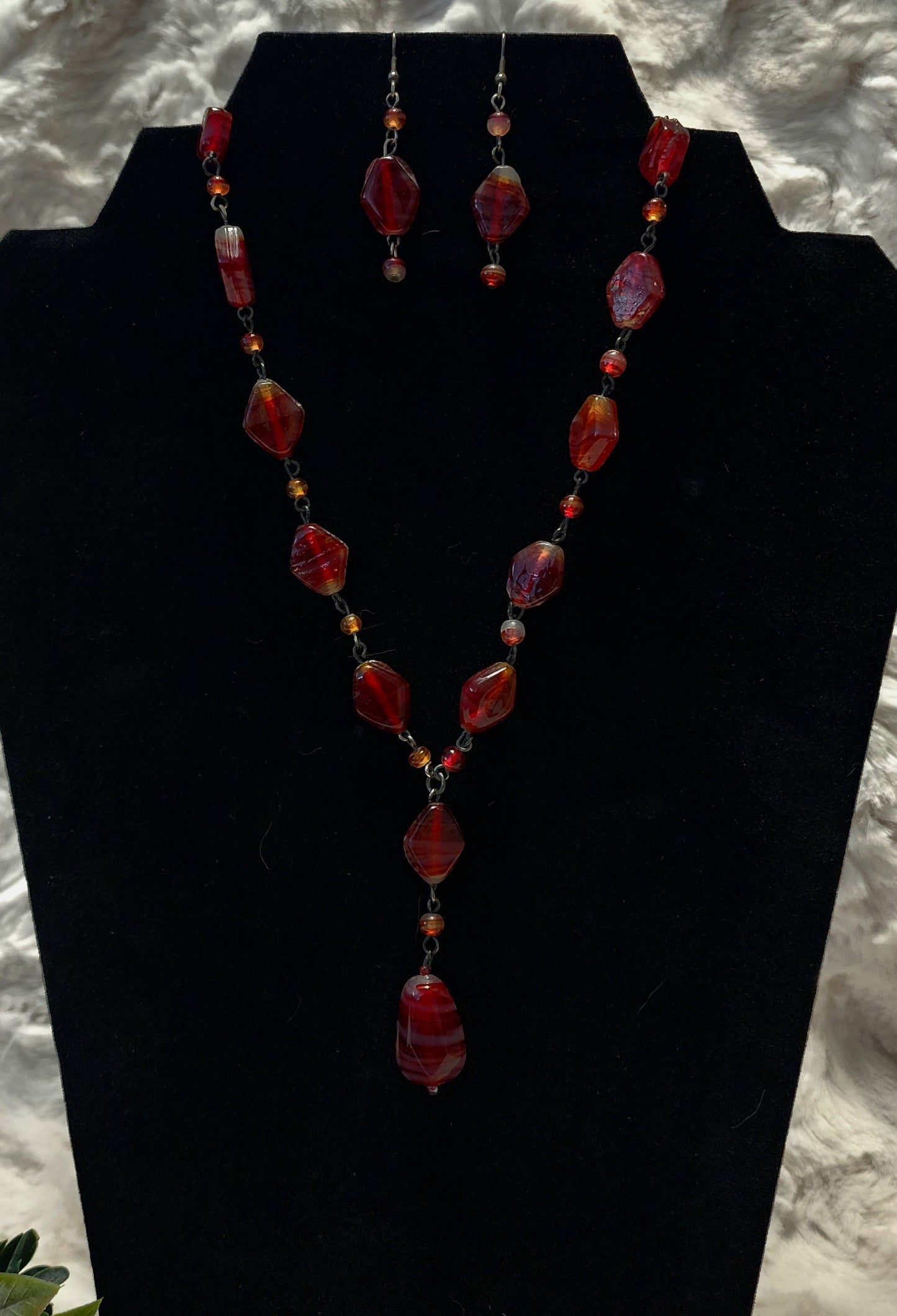 Vintage Red Beaded Y Necklace and Earring Set