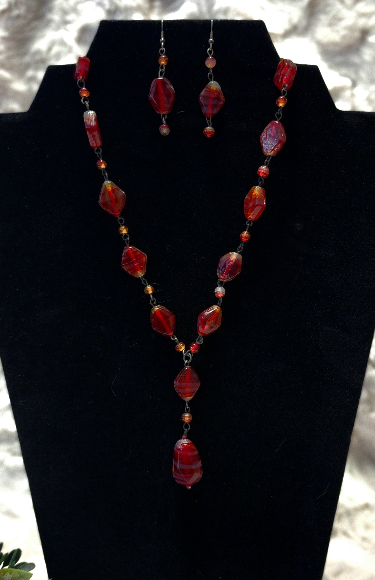 Vintage Red Beaded Y Necklace and Earring Set