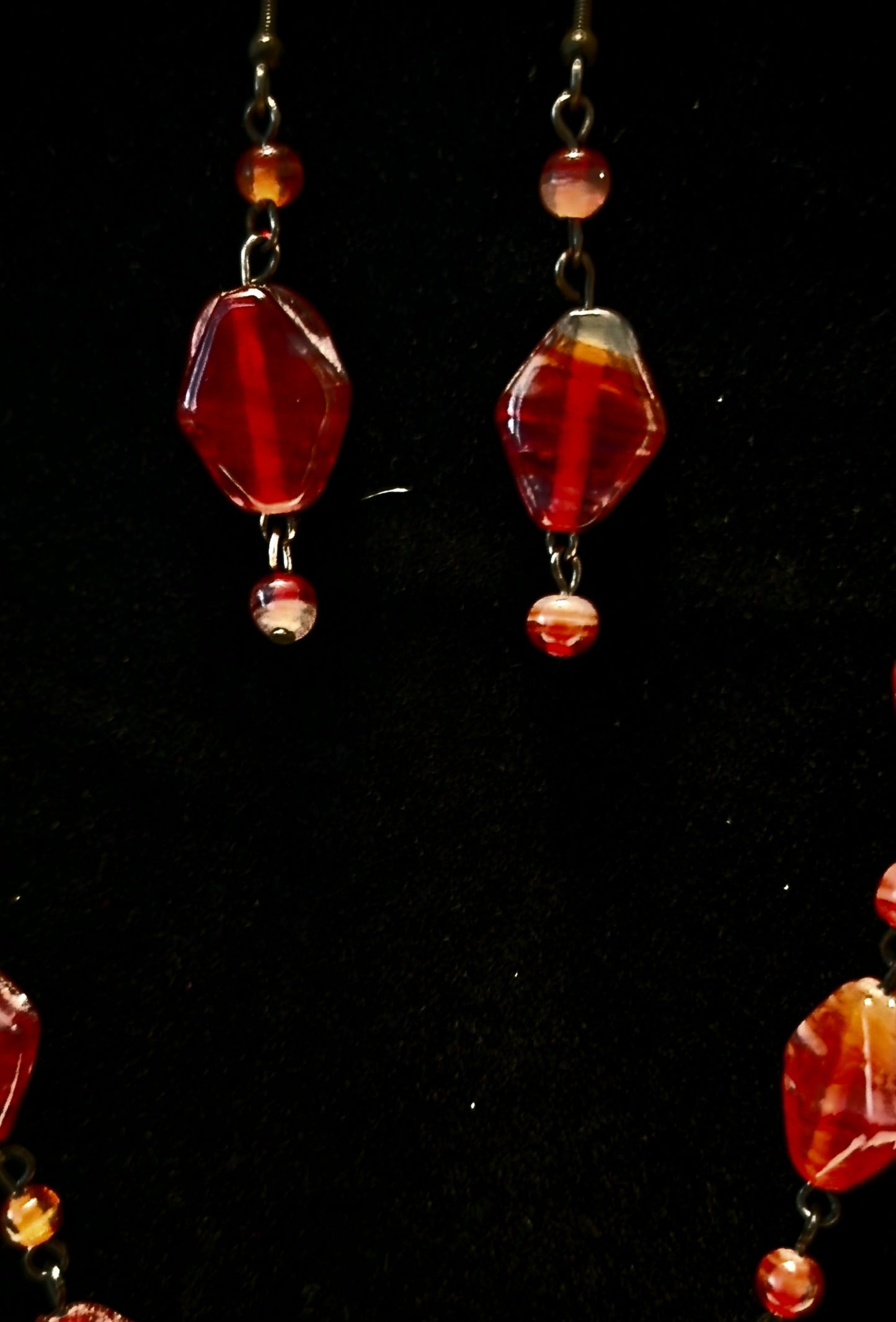 Vintage Red Beaded Y Necklace and Earring Set
