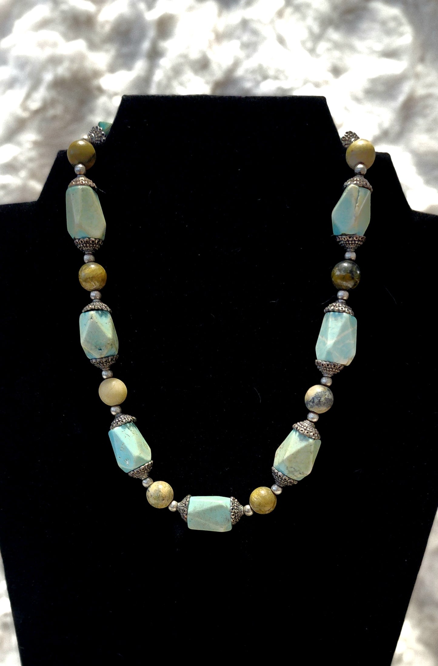Vintage Marbled Stone and Lucite Bead Green & Blue Tones Necklace