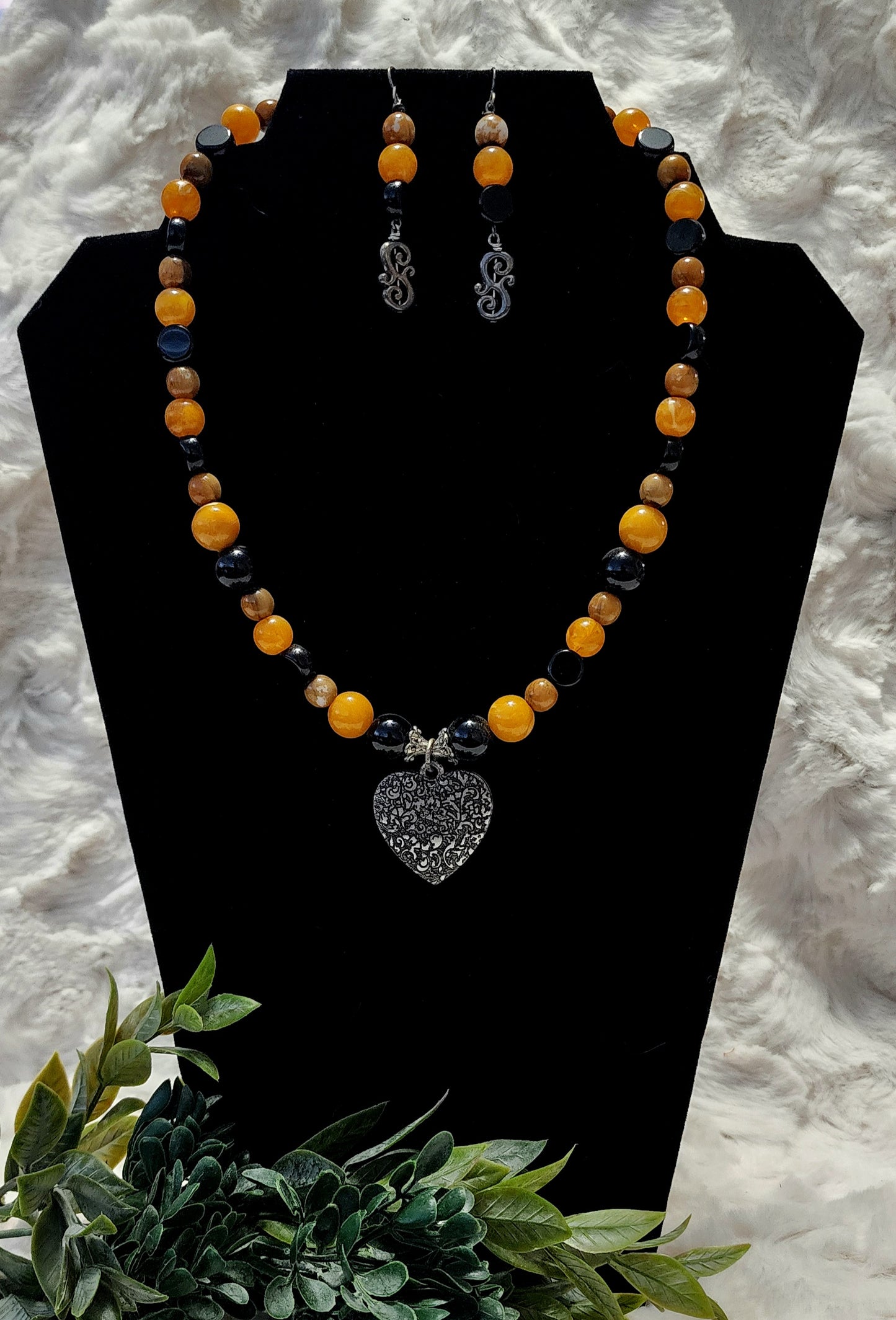 Handmade from Vintage Black, Orange and Brown Beaded Heart Pendant Necklace & Earring Set
