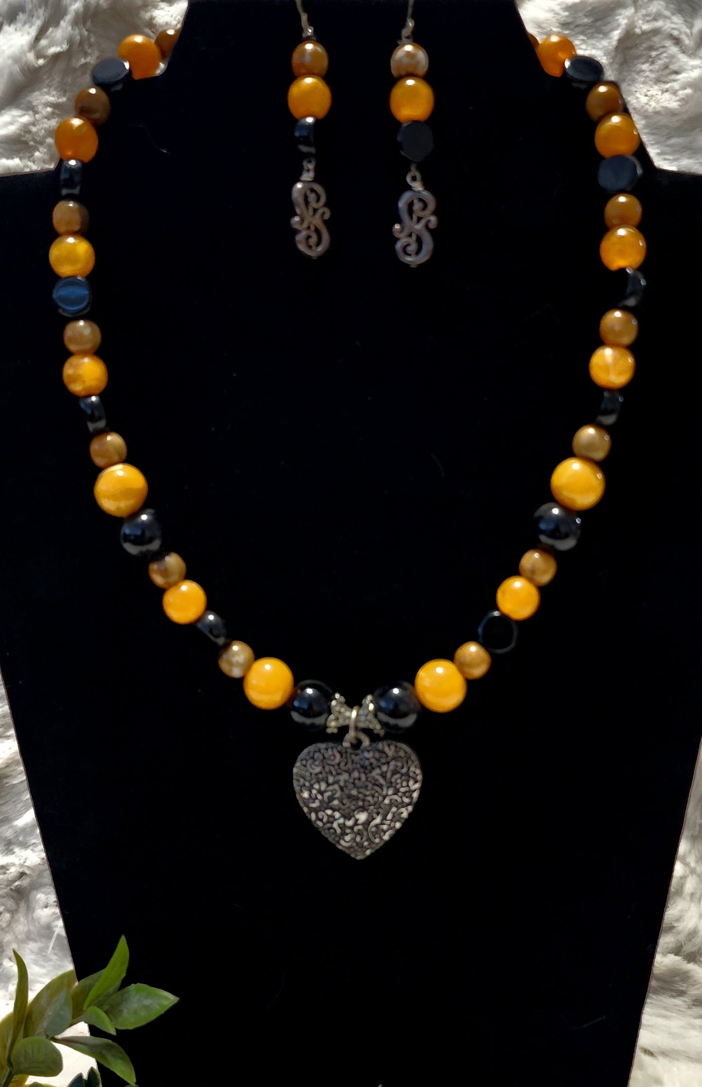 Handmade from Vintage Black, Orange and Brown Beaded Heart Pendant Necklace & Earring Set