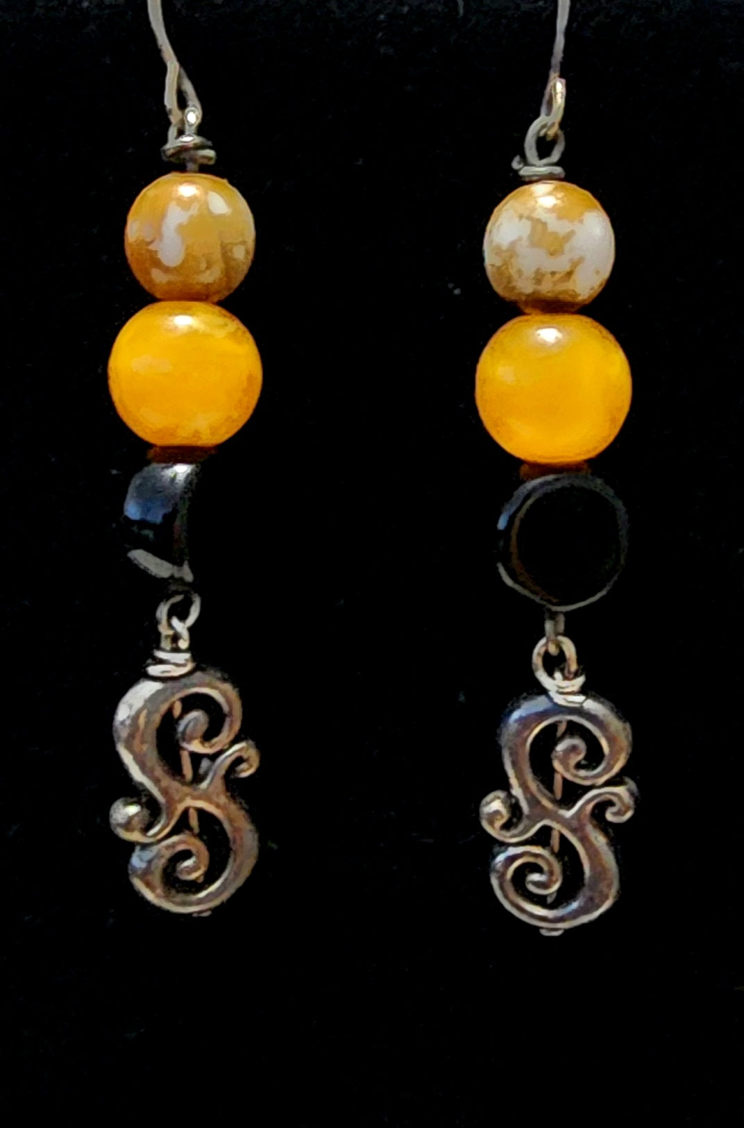 Handmade from Vintage Black, Orange and Brown Beaded Heart Pendant Necklace & Earring Set