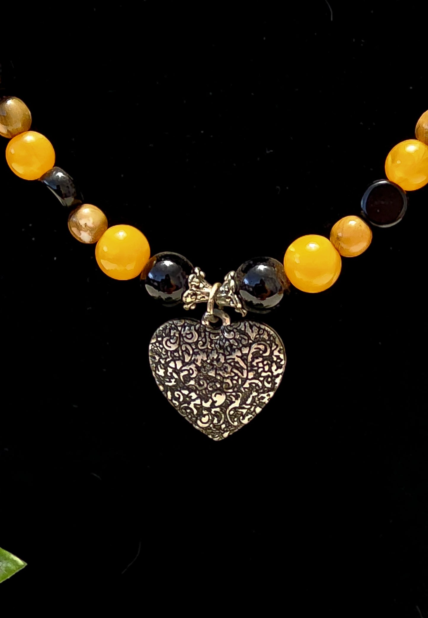 Handmade from Vintage Black, Orange and Brown Beaded Heart Pendant Necklace & Earring Set