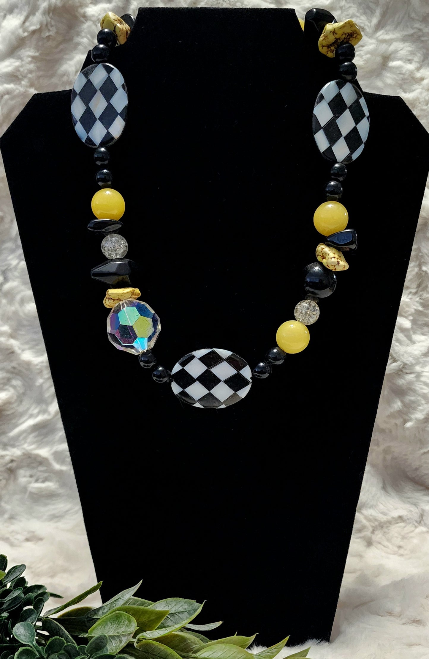 Handmade Black and Yellow Beaded Necklace