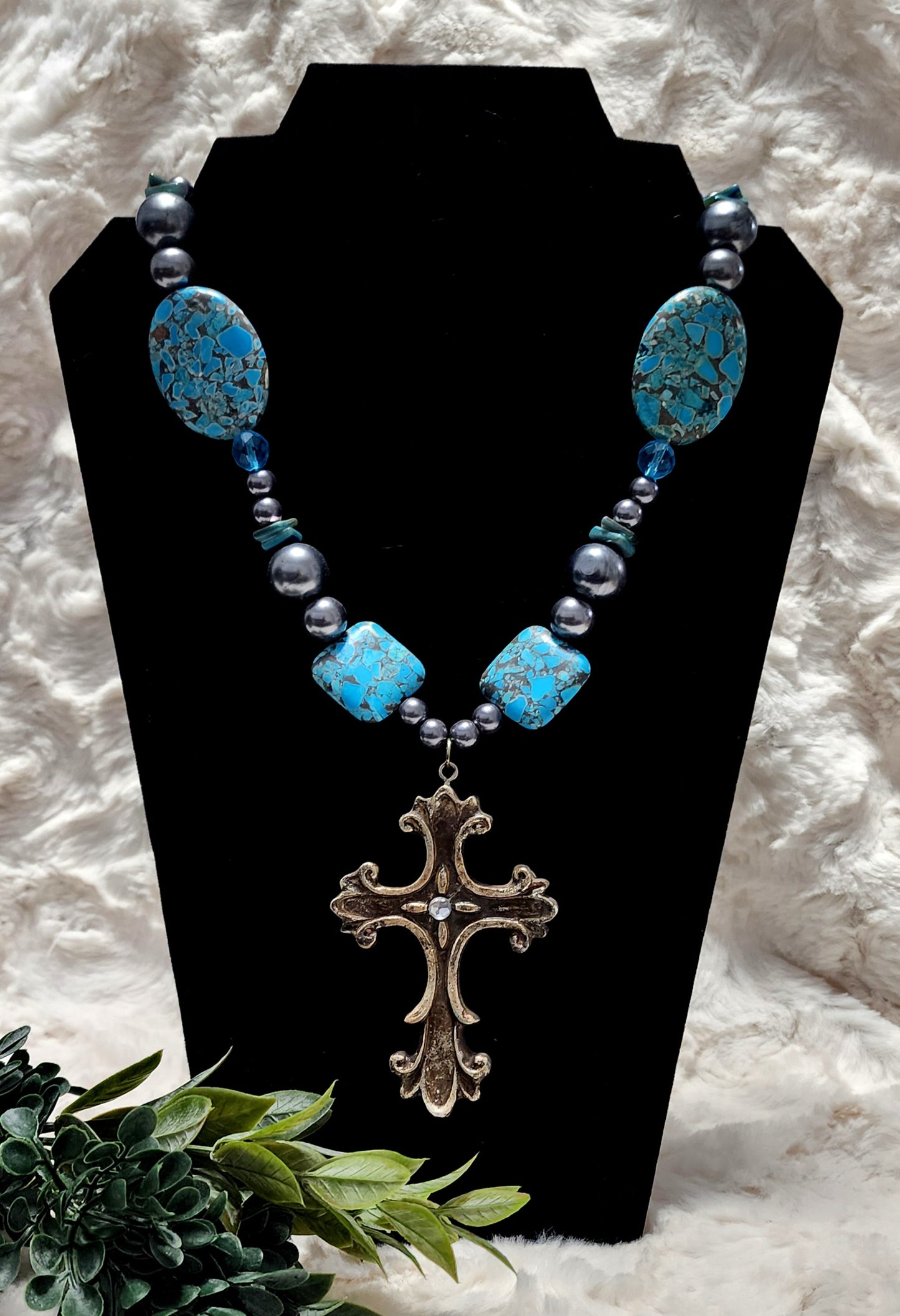 Handmade Turquoise, Blue & Silver Beaded Cross Pendant Necklace