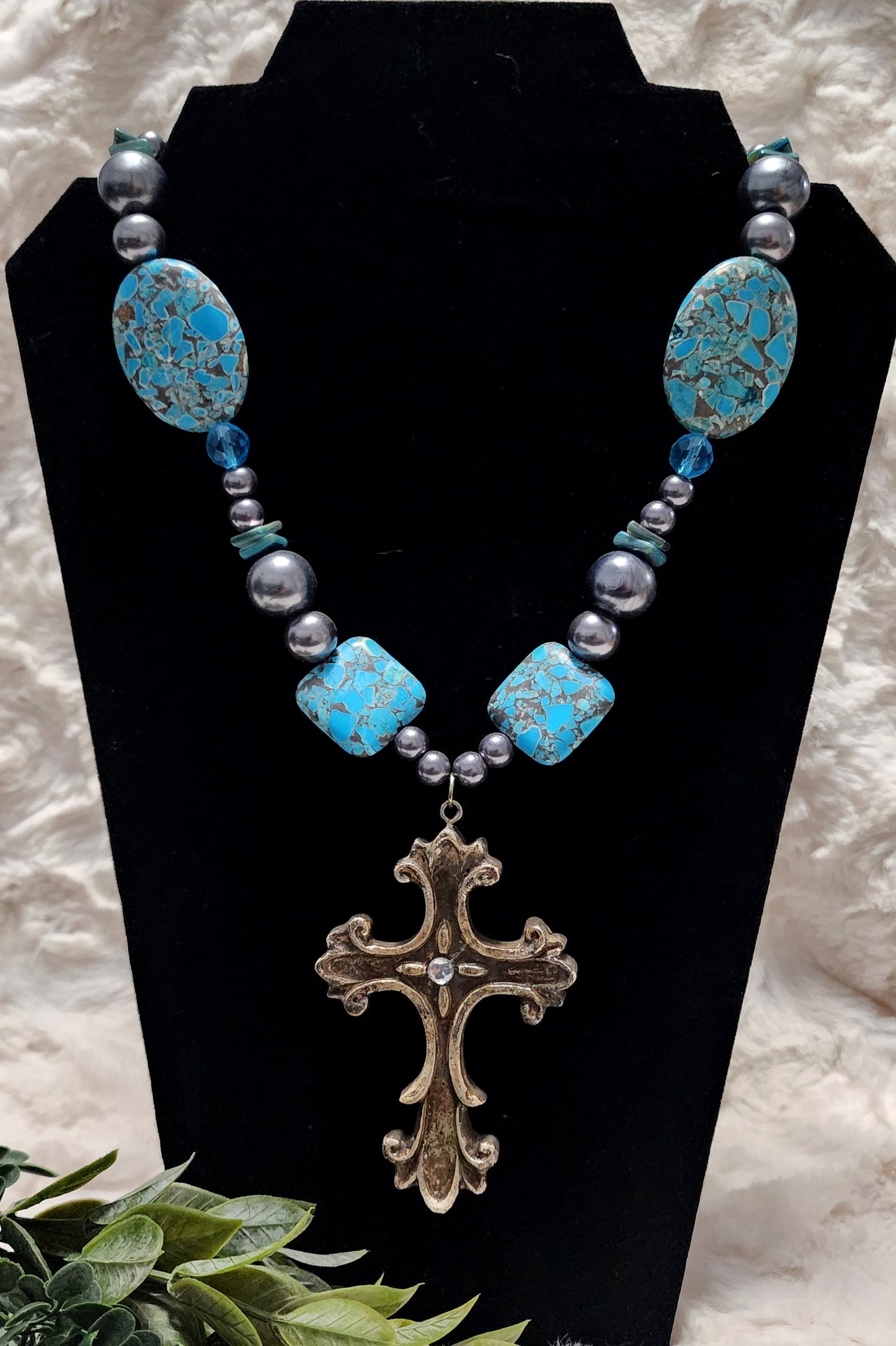 Handmade Turquoise, Blue & Silver Beaded Cross Pendant Necklace