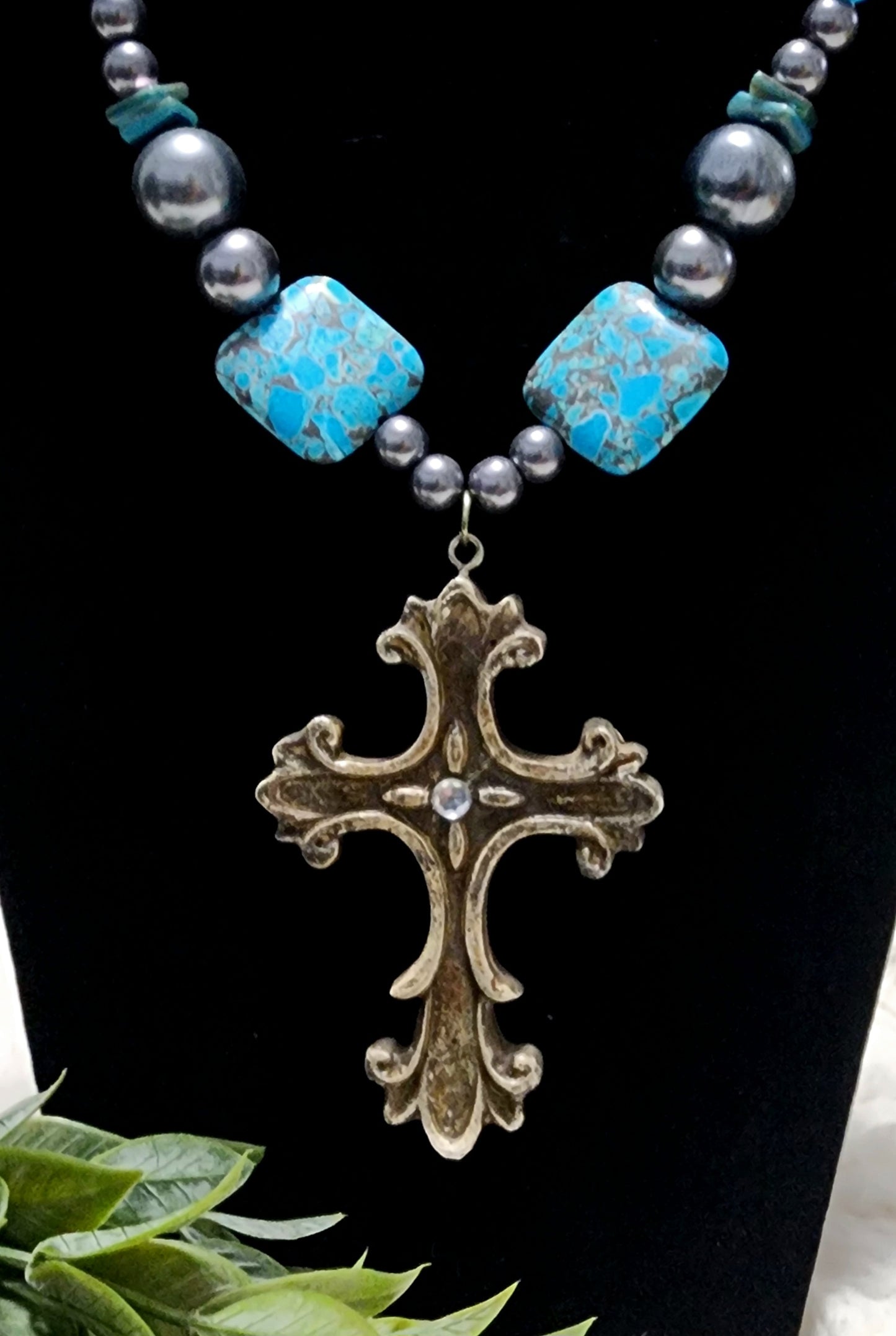 Handmade Turquoise, Blue & Silver Beaded Cross Pendant Necklace