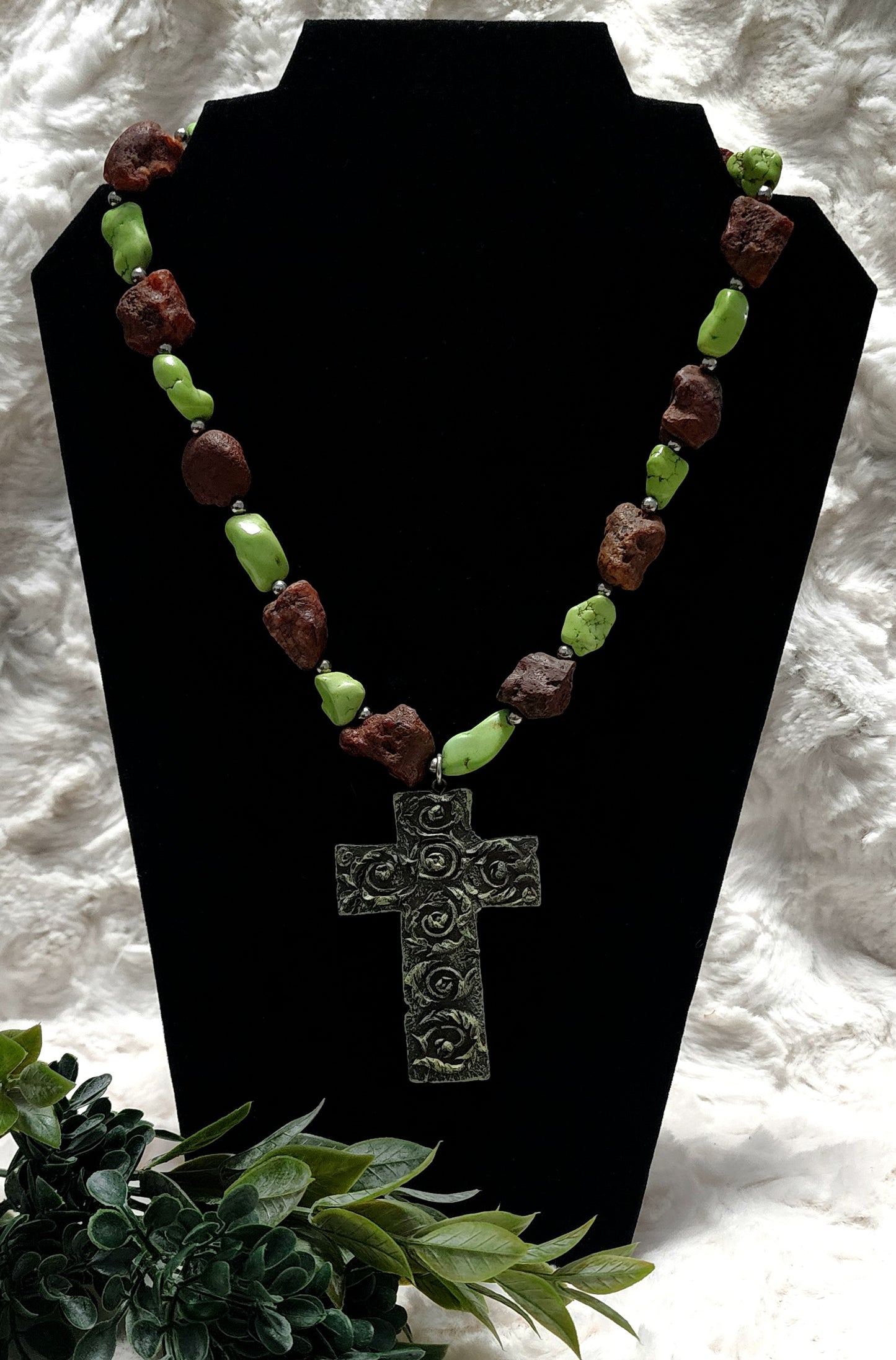Handmade Lime Green & Brown Stone Necklace with Floral Cross Pendant