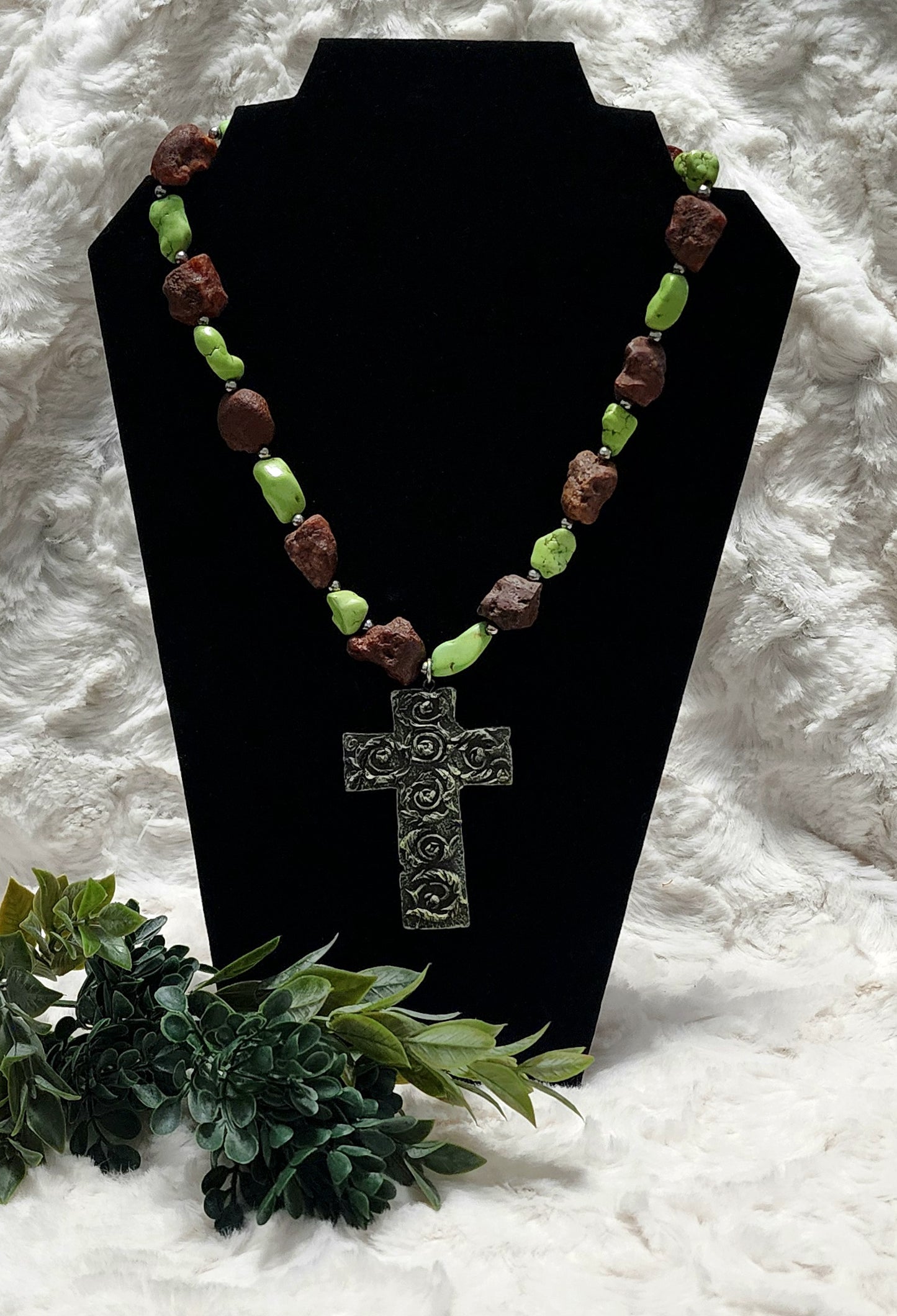 Handmade Lime Green & Brown Stone Necklace with Floral Cross Pendant