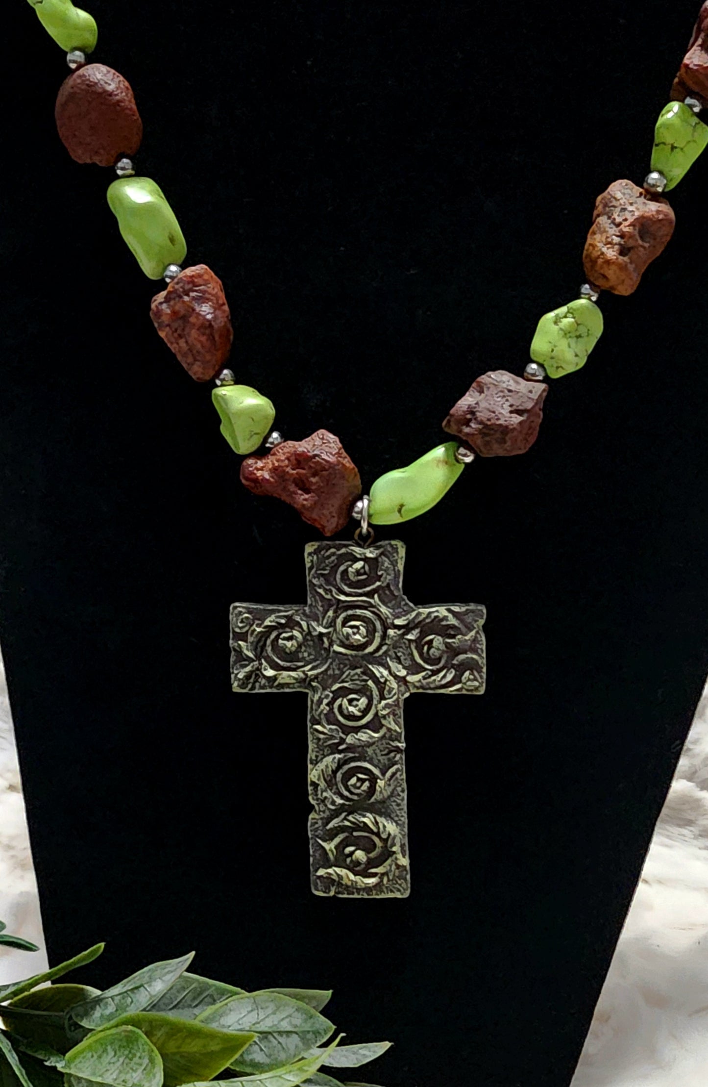 Handmade Lime Green & Brown Stone Necklace with Floral Cross Pendant