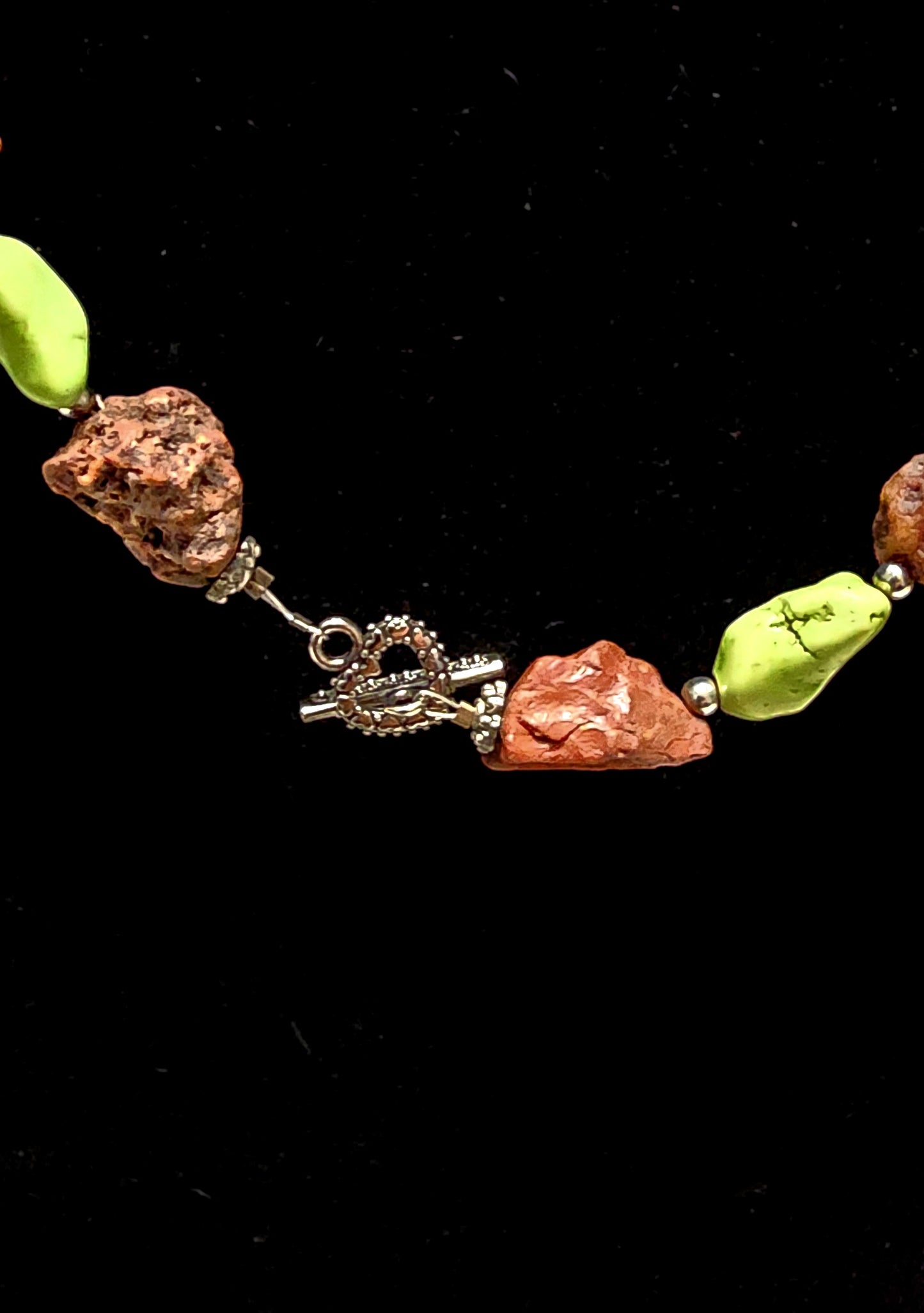 Handmade Lime Green & Brown Stone Necklace with Floral Cross Pendant