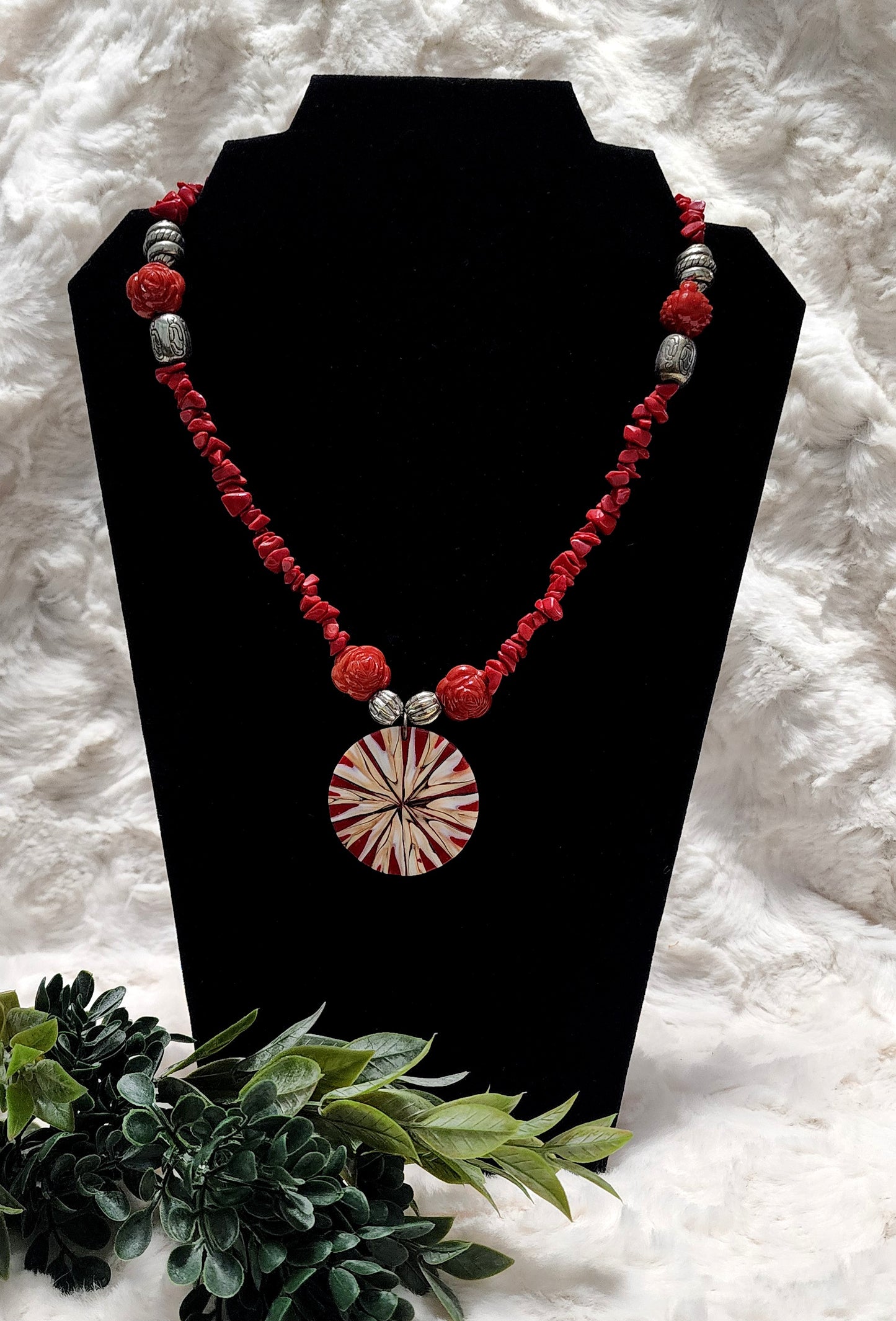 Handmade Red Beaded Necklace with Pendant